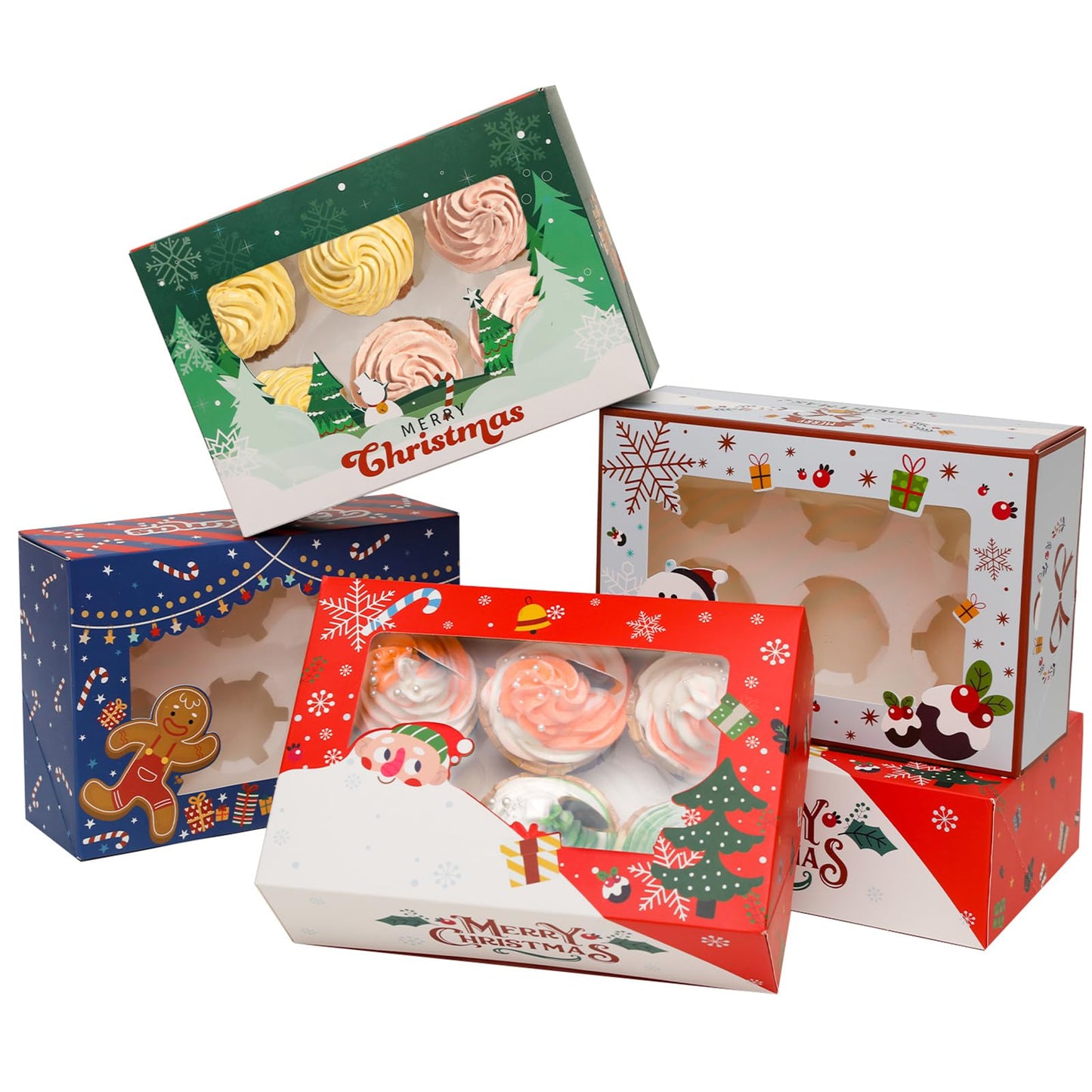 qiqee Christmas 6 Cupcake Boxes with Window 30 Packs Cupcake Box 9.4x6.1x3 inch Bakery Boxes For Cupcakes Carrier, Cupcake Containers