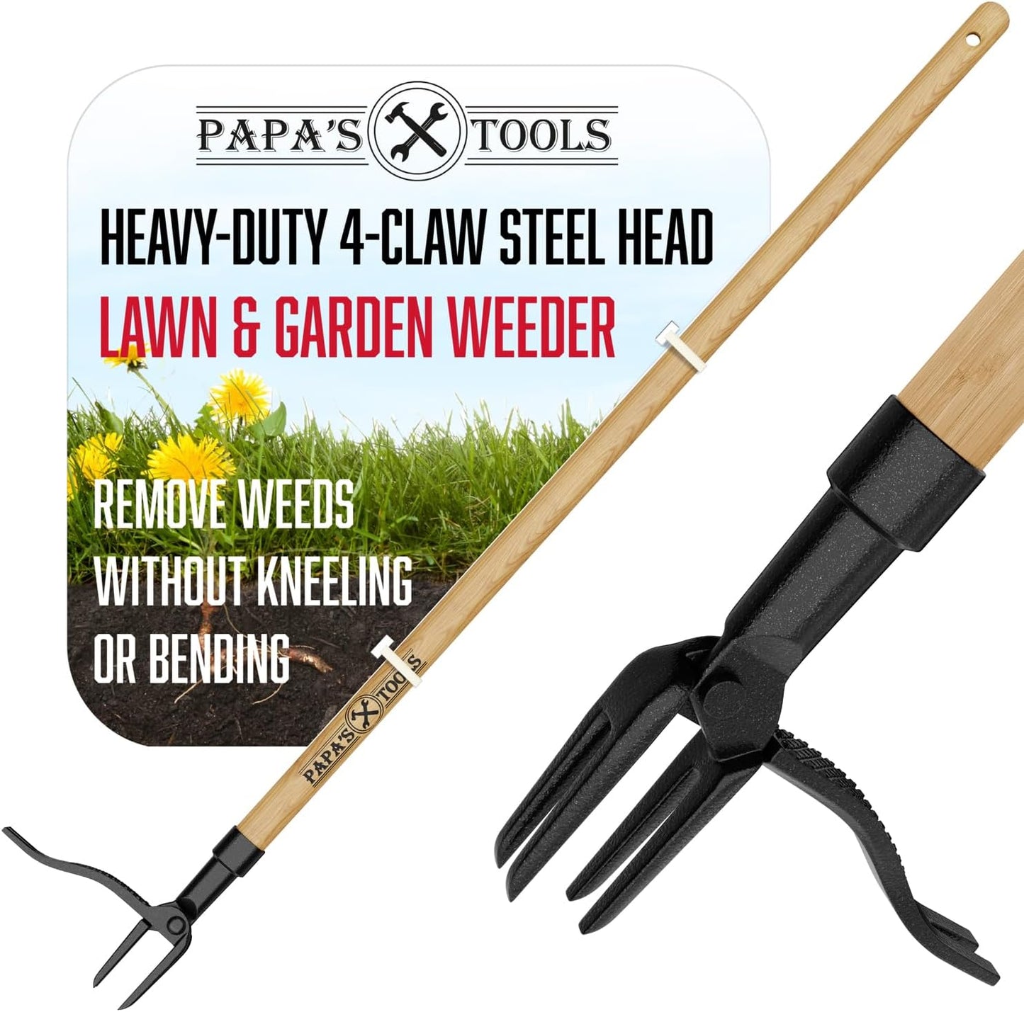 Papa's Tools Weeder - Stand-Up Weed Puller with Long Bamboo Handle & 4-Claw Steel Head | Effortlessly Remove Weeds