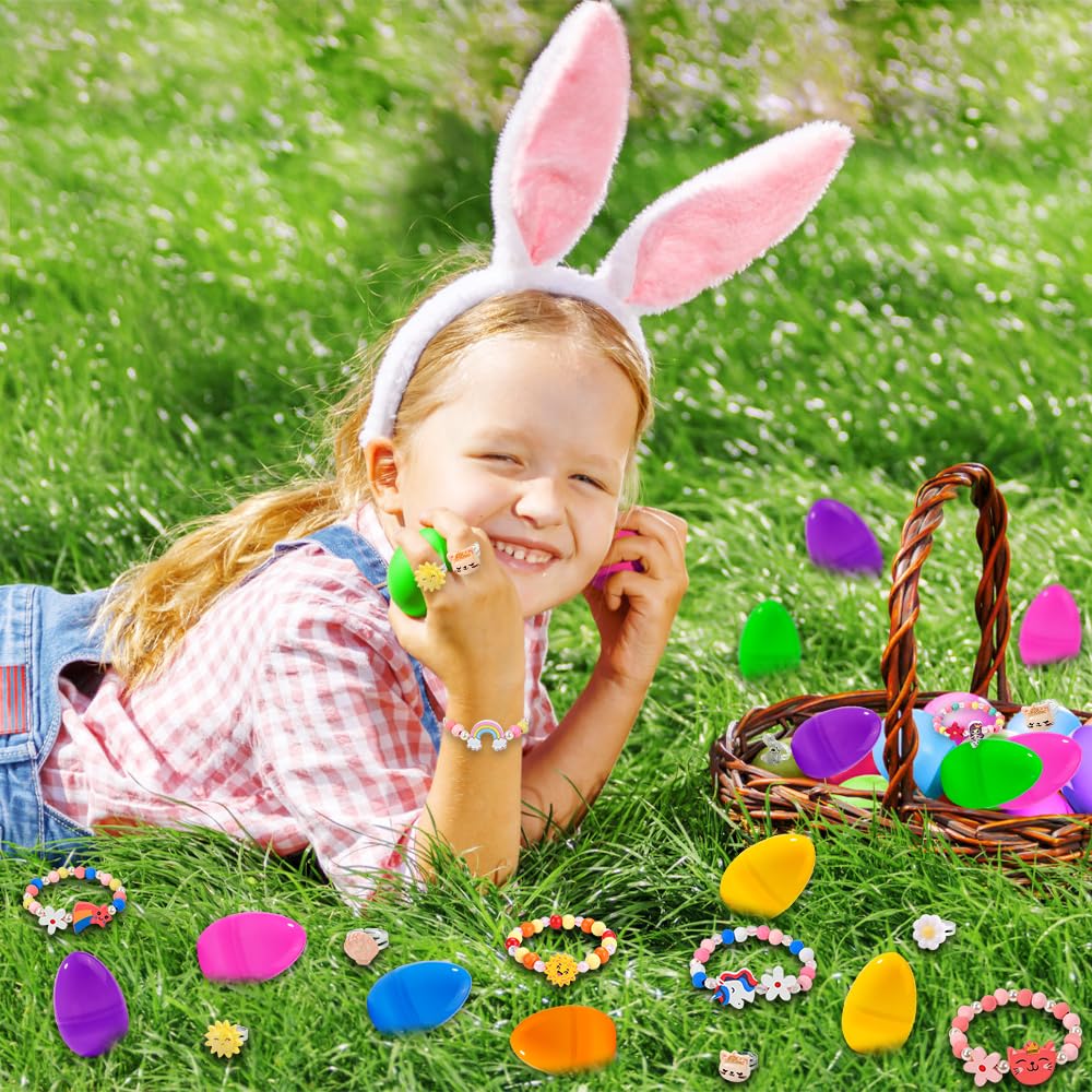 Vellibring 12 Pack Prefilled Easter Eggs with 24pcs Bracelets Rings Easter Basket Stuffers Egg Fillers for Girls Party Favors Kids Toddler Easter Presents