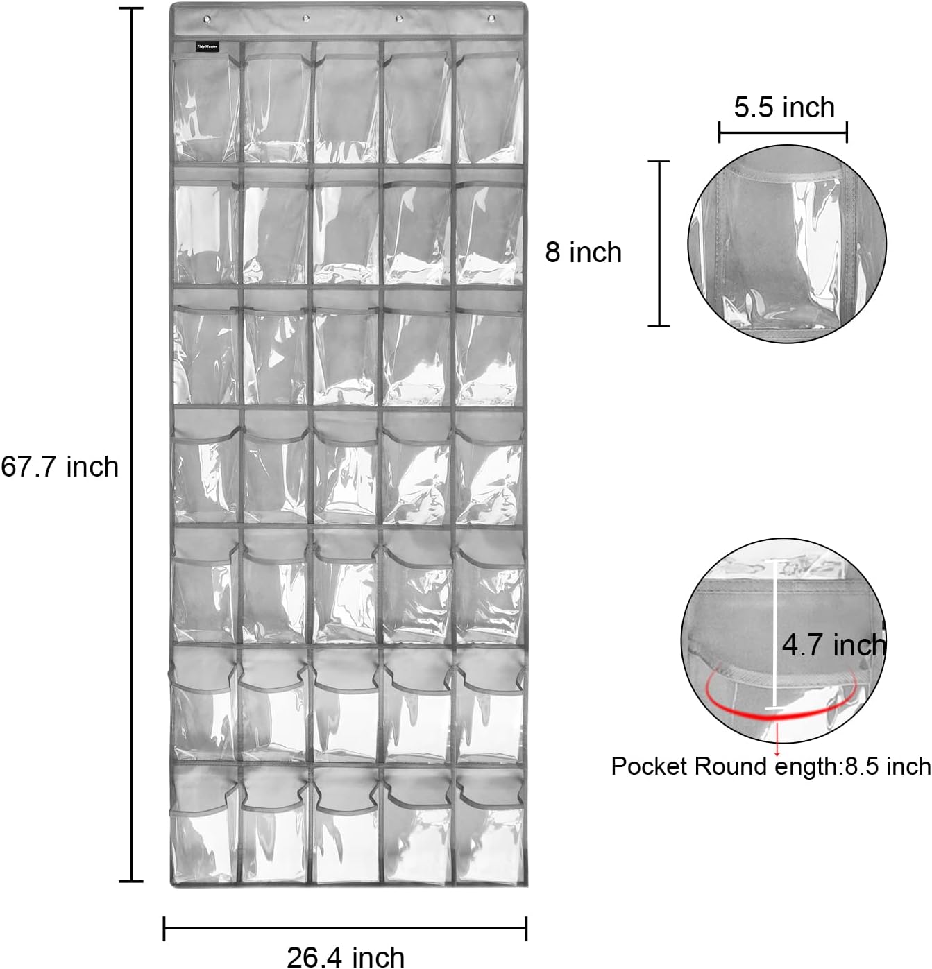 Skiennix Clear Crystal Hanging Shoe Organizer - 35 Pockets Over The Door Rack | Grey with 4 Hooks