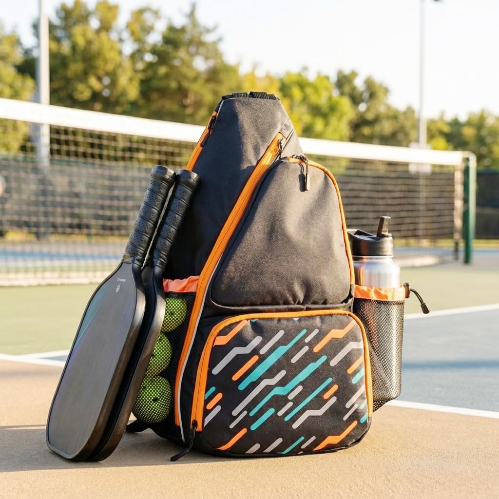 Alveroya Amber Orange Pickleball Sling Bag with Shoe Compartment for Men Women, Lightweight 2-3 Paddle Crossbody Backpack, Sports Bag with Water Bottle Pocket & Fence Hook