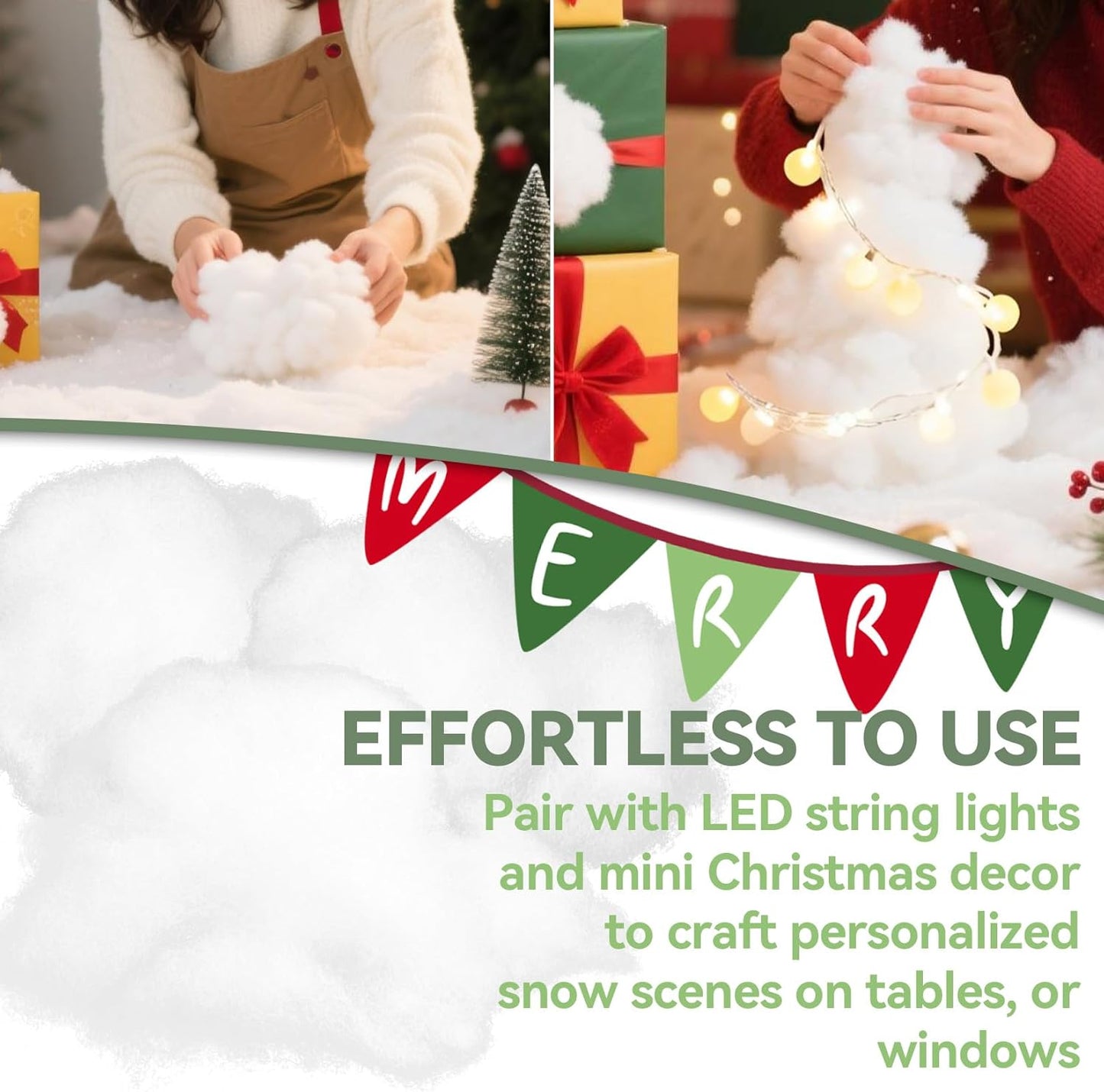 Rainflow Christmas Fake Snow Cotton - 7 Ounce Artificial Snow for Crafts | White Fluff for Holiday Decor