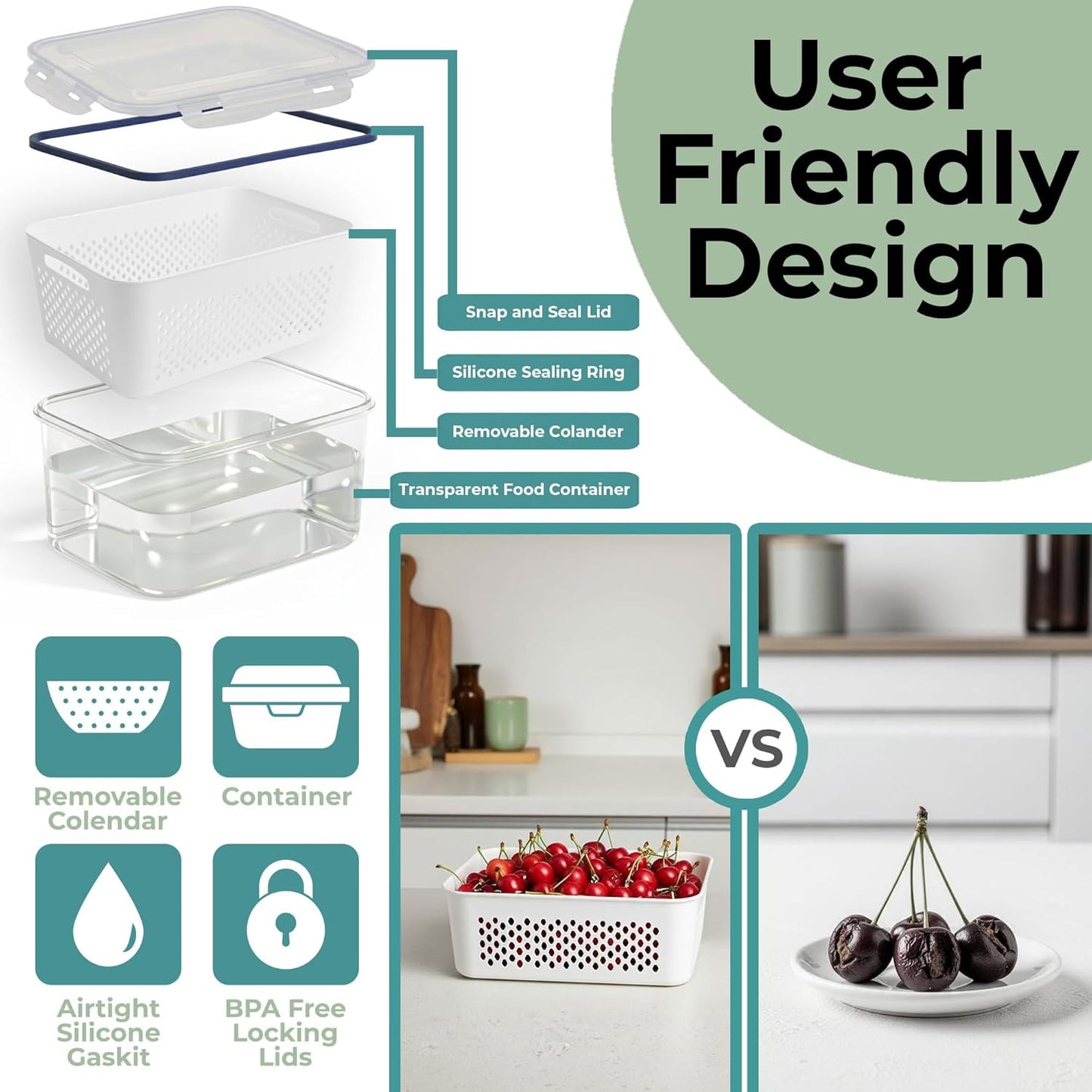 Skiennix Large Fruit Storage Containers - Airtight Plastic Food Storage with Removable Colander | 5 Pack