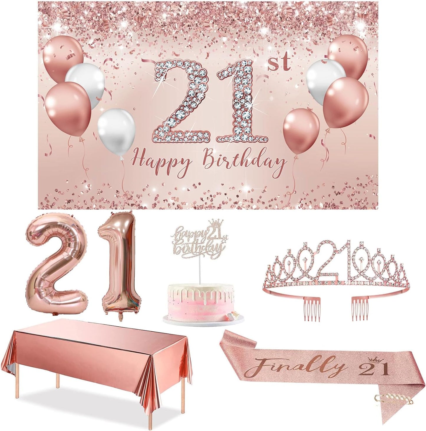 Trgowaul 21st Birthday Decorations - Rose Gold Banner, Sash, Crown & Cake Topper Set | Pink Balloons