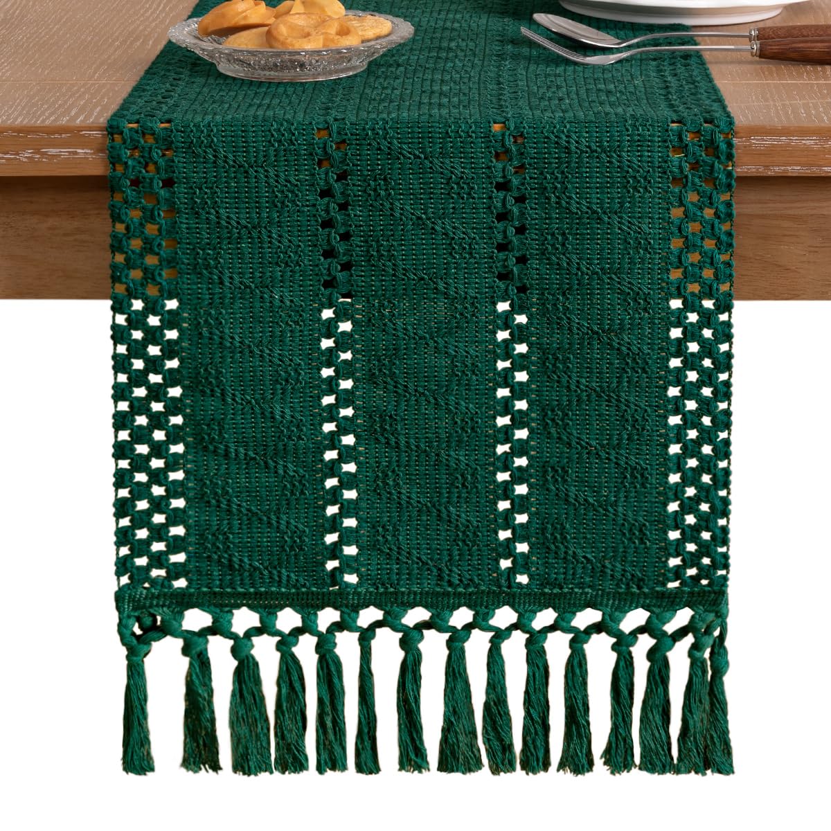 Socomi Boho Table Runner Macrame Long Summer Farmhouse Woven Cotton Linen Rustic Coffee Table Runner with Tassels for Dresser Scarf Home Decor Dining Room 12x108 inch Emerald Green