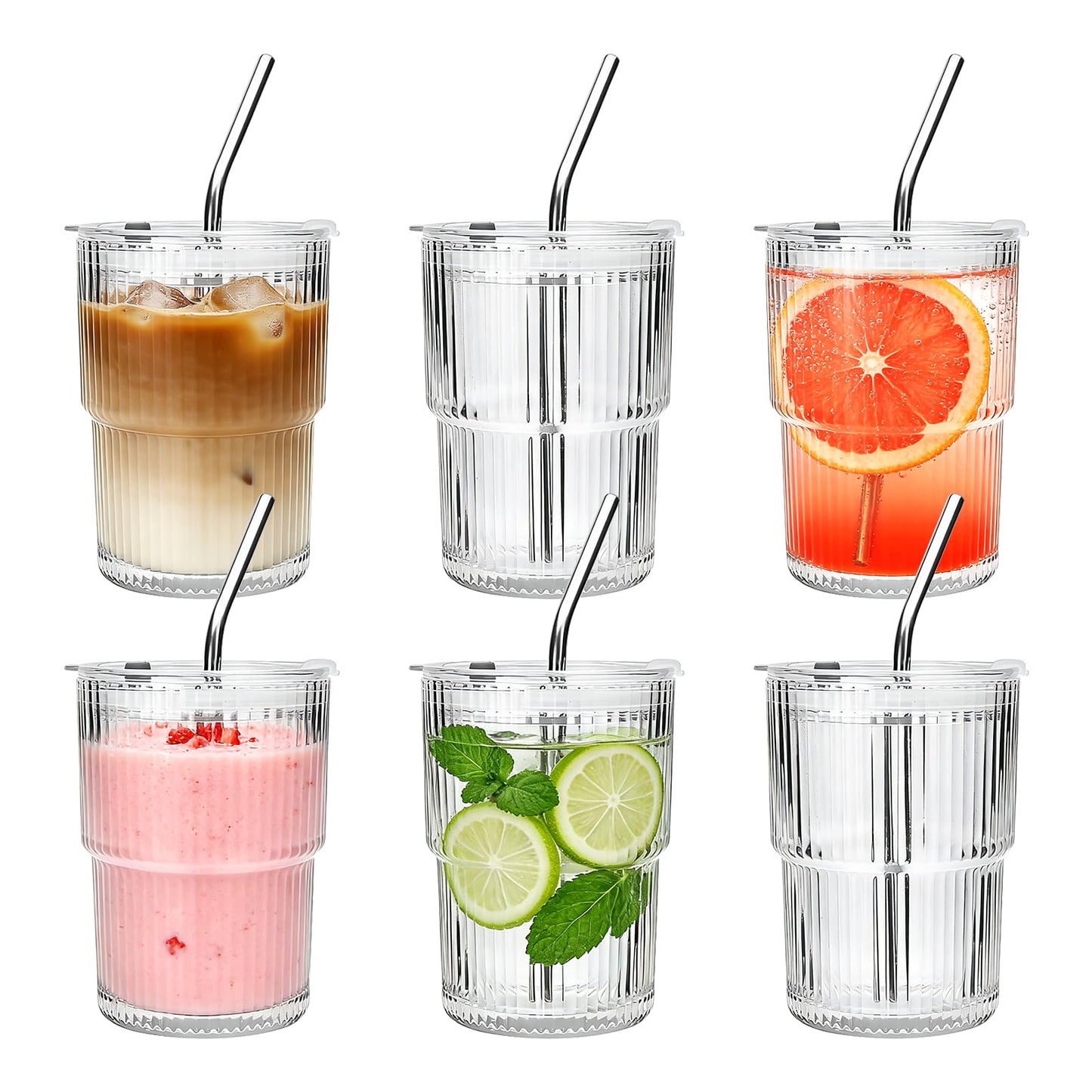 Woaiwo-q 6 Pack 13oz Ribbed Glass Tumbler with Lid and Straw, Iced Coffee Cup Set, Boba Aesthetic Drinking Mug, Coffee Glasses for Matcha Smoothie Juice Tea Latte Cappuccino Cocktail