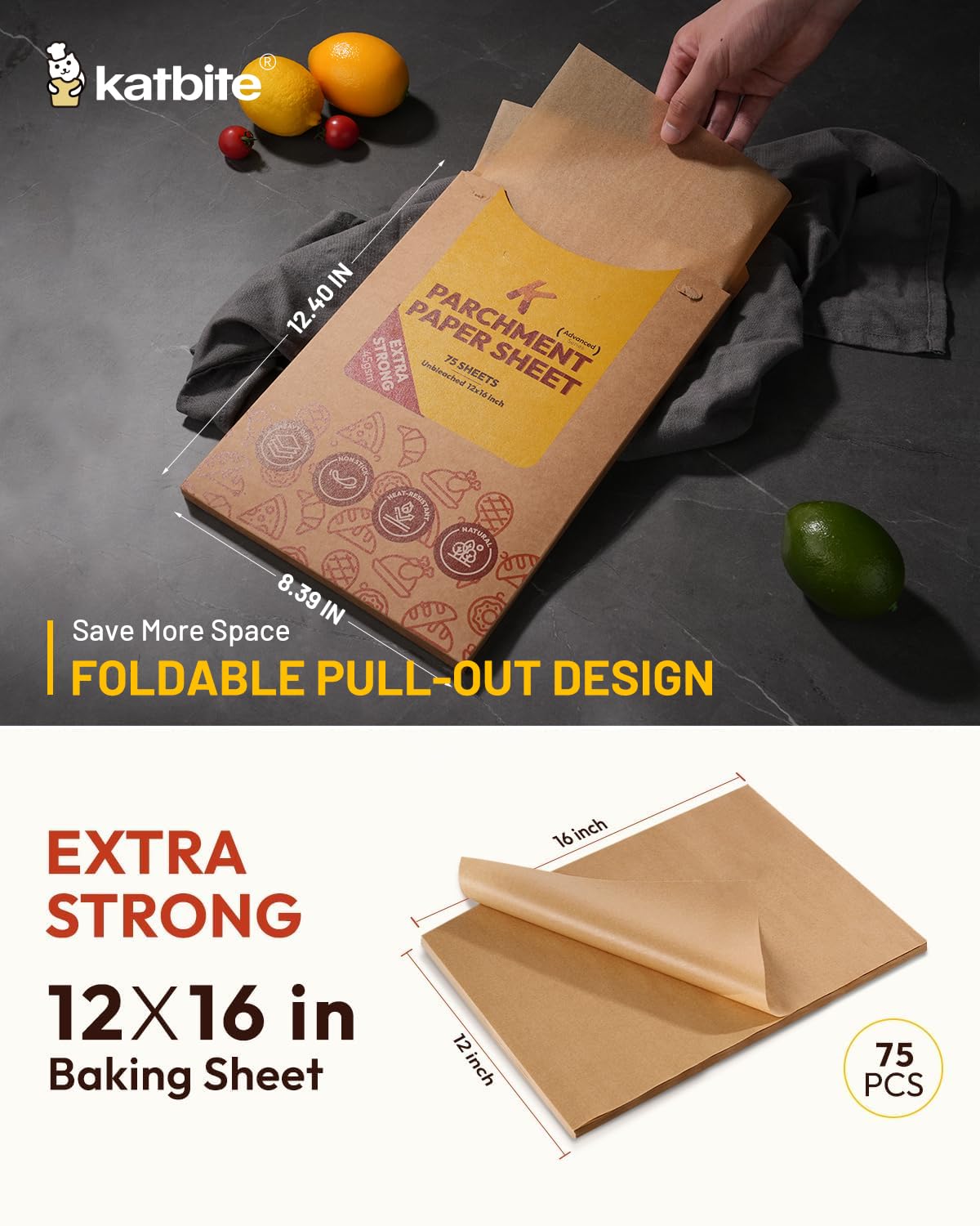 Katbite 75Pcs Unbleached Parchment Paper Sheets 12x16IN, Pre-Cut Heavy Duty Parchment Baking Paper, Non-Stick Half Sheet Brown Baking Parchment Paper for Air Fryer, Baking Cookie [Extra Strong Series]