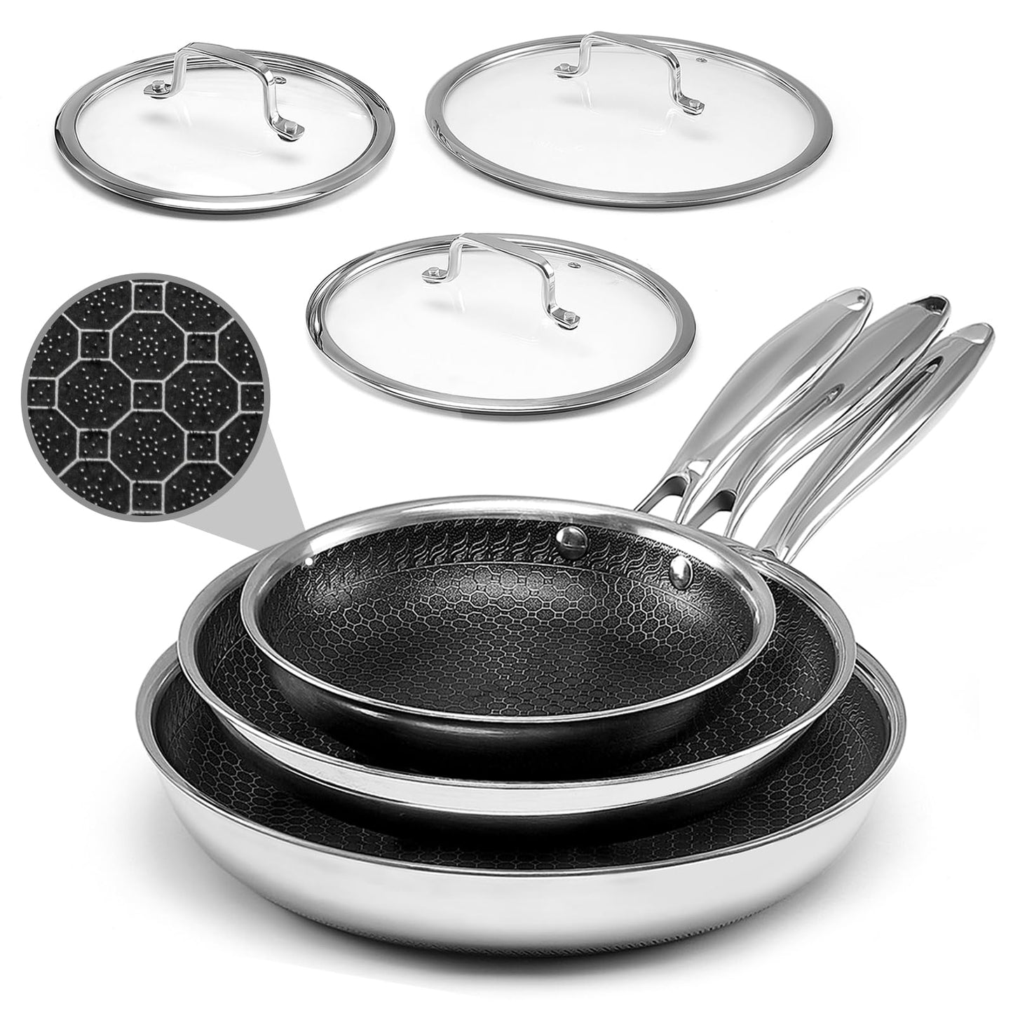 USELUCK Nonstick Frying Pans with Lid,8/10/12 inch Stainless Steel Skillet Set with Honeycomb Surface, Induction Compatible, Oven & Dishwasher Safe, PFAS-Free Cookware Sets (Frying Pan 6PCS)