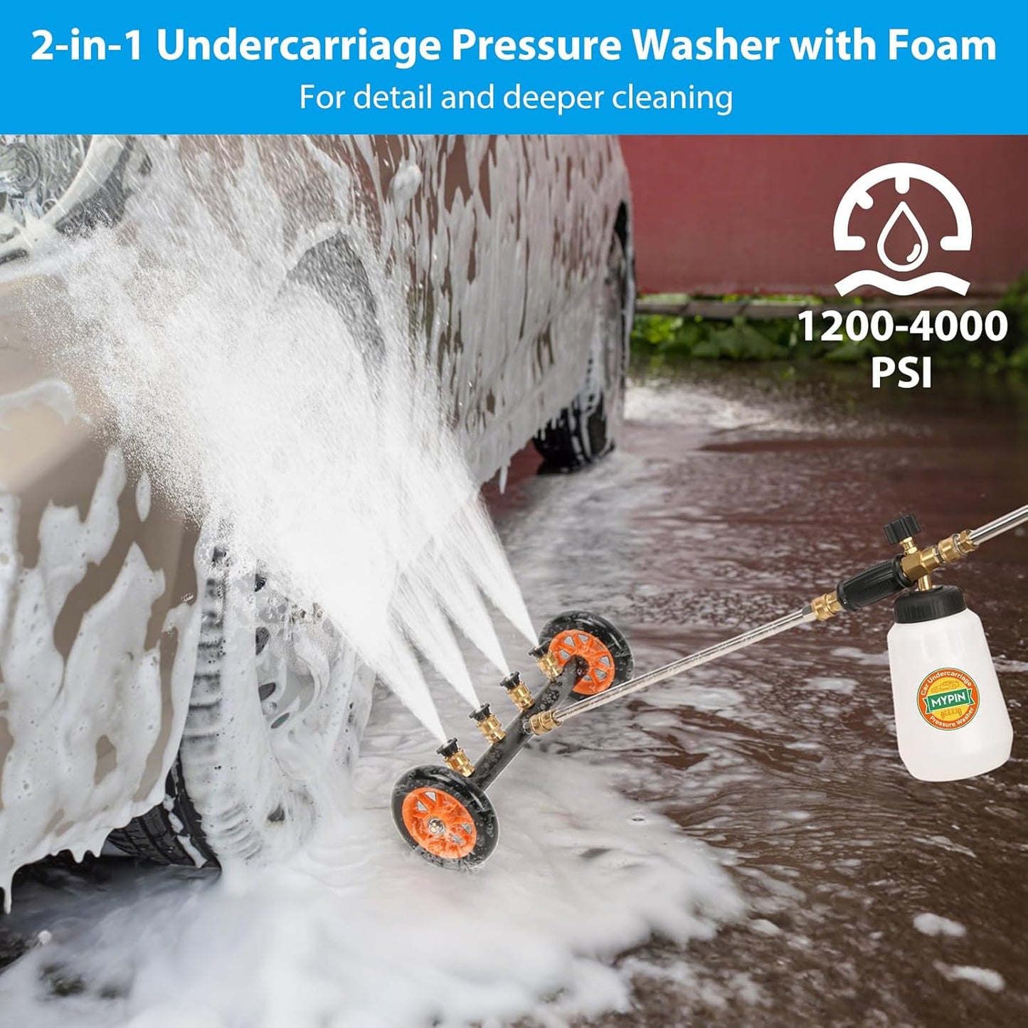 Skiennix 2-in-1 Undercarriage Pressure Washer | 16-Inch Water Broom with Foam Washer & Replaceable Nozzle, 1200-4000 PSI