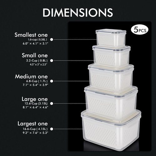 HOTEC Large Fruit Storage Container - 5-Pack, Leak-Proof, BPA-Free, Dishwasher & Microwave Safe, 4.15L