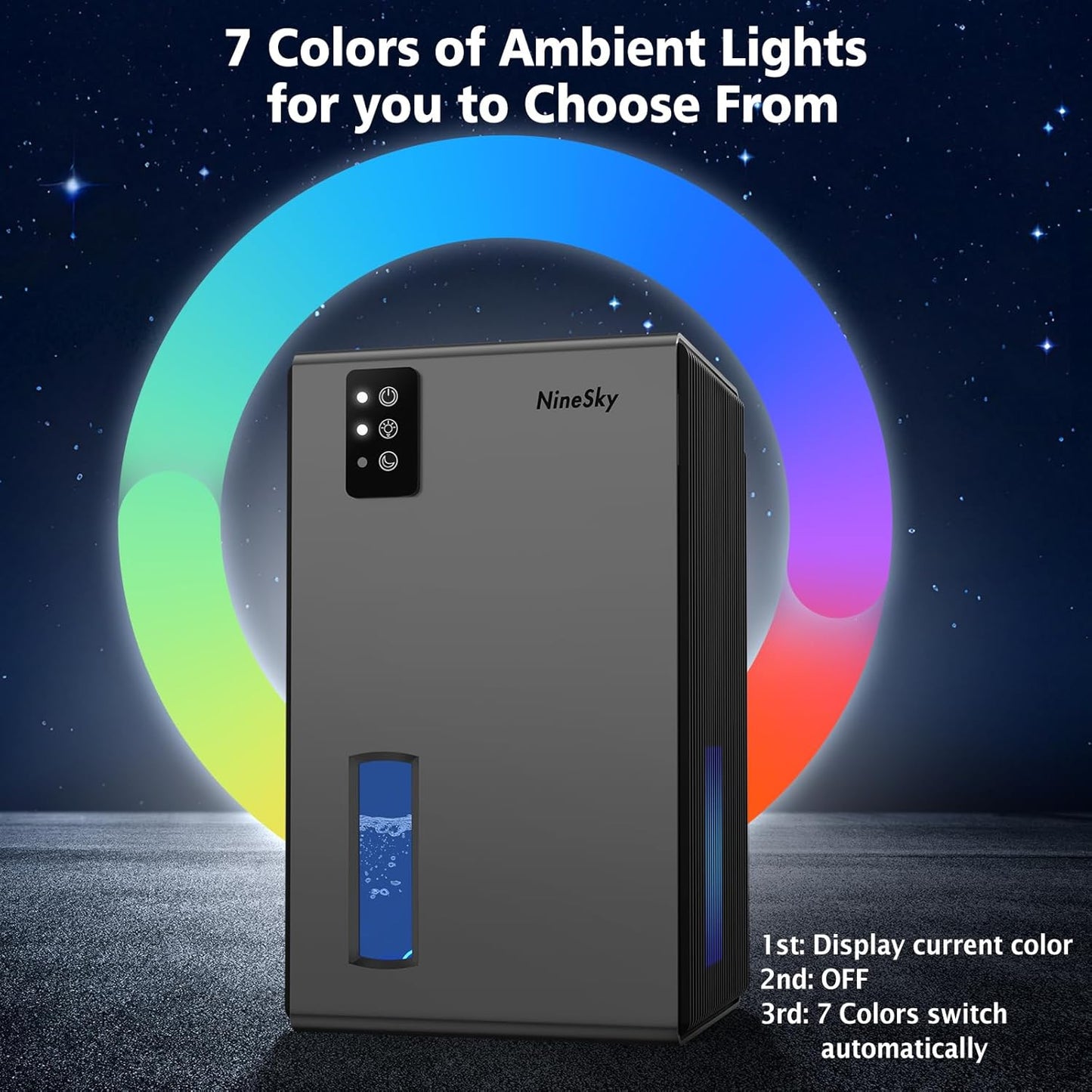 NineSky Dehumidifier - 1000 Sq.Ft. Quiet Home Dehumidifier with 95oz Tank & 7-Color Light | Grey