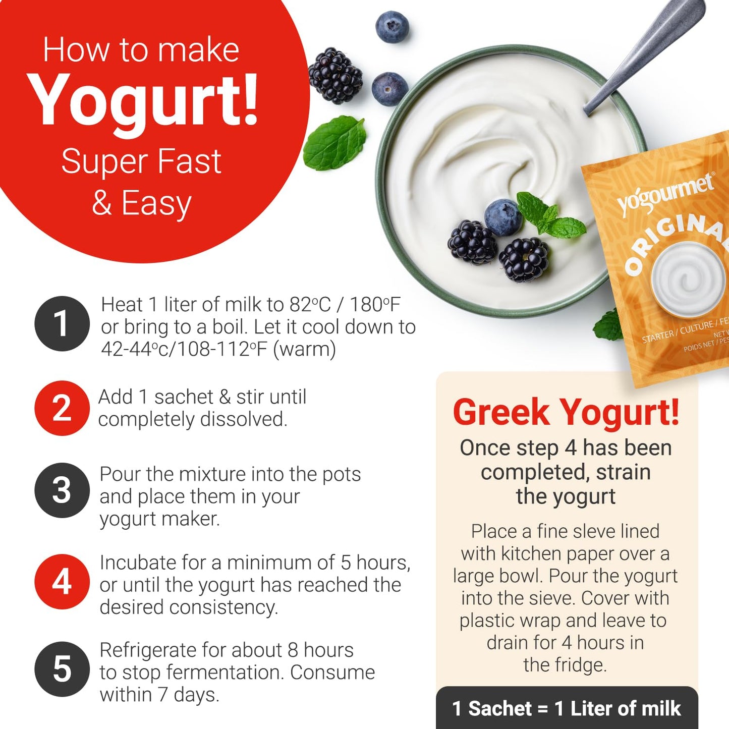 Yogourmet Yogurt Starter (16 Pack) - Make Yogurt at Home - Starter Culture - All Natural, Gluten Free, Kosher, Halal - 3 g Sachets