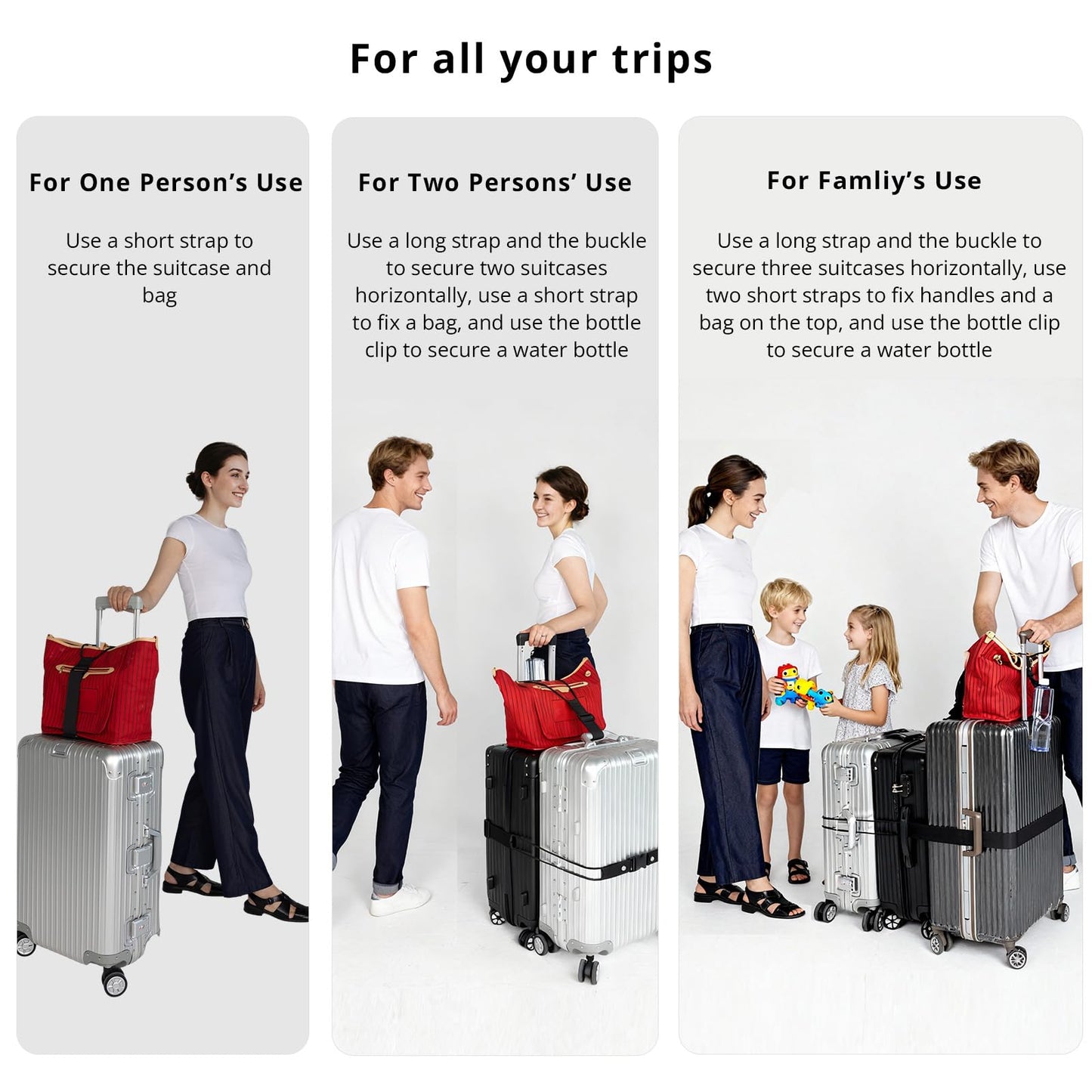 Luggage Straps 3 PCS for Suitcases TSA Approved 2 Short & 1 Long Adjustable Straps with Elastic Thick Rope for Connecting Suitcases and Bags Stably with Strap Buckle and Bottle Buckle Clip, Black