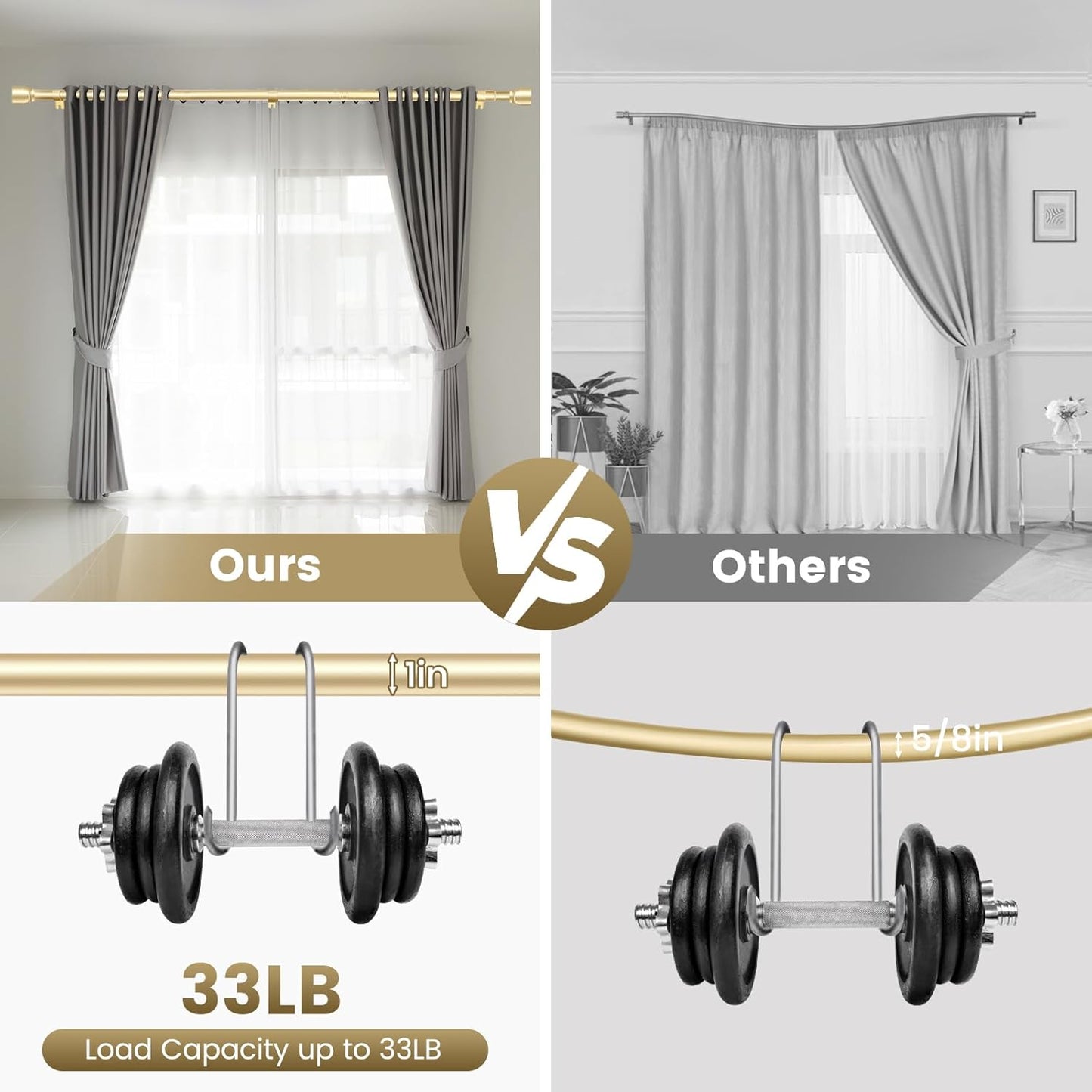 Skiennix 1” Diameter Gold Curtain Rod - Heavy Duty Adjustable 30-90 Inch for 30-84 Inch Windows
