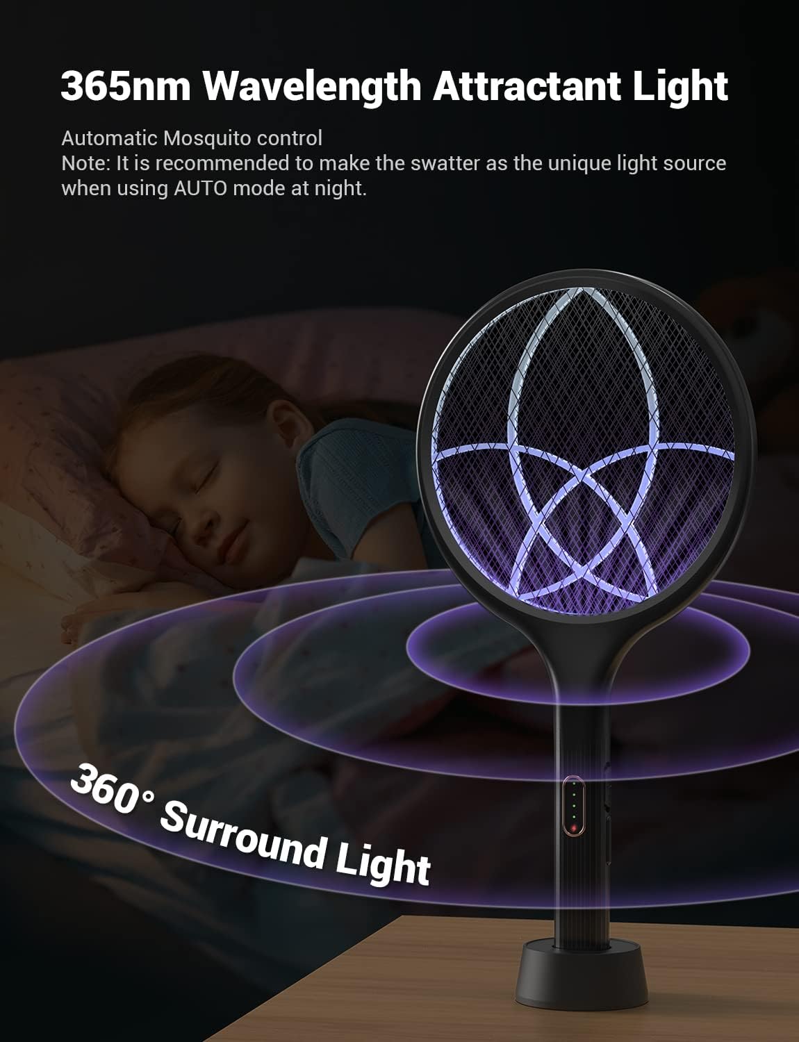 YISSVIC Electric Fly Swatter - 4000V Bug Zapper Racket with Dual Modes & Rechargeable Purple Light | Black, 1 Pack