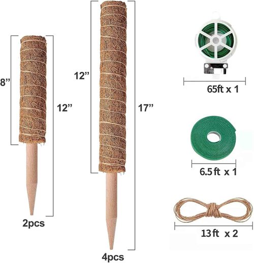 Eibikdi Moss Pole - 68-Inch Plant Support Stakes for Monstera & Indoor Climbing Plants | Includes 65ft Twist Ties & Jute Rope