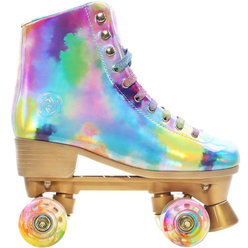 JajaHoho Roller Skates for Women, Holographic High Top PU Leather Rollerskates, Shiny Double-Row Four Wheels Quad Skates for Girls and Age 8-50 Indoor Multicolor (Rainbow, Size 9)
