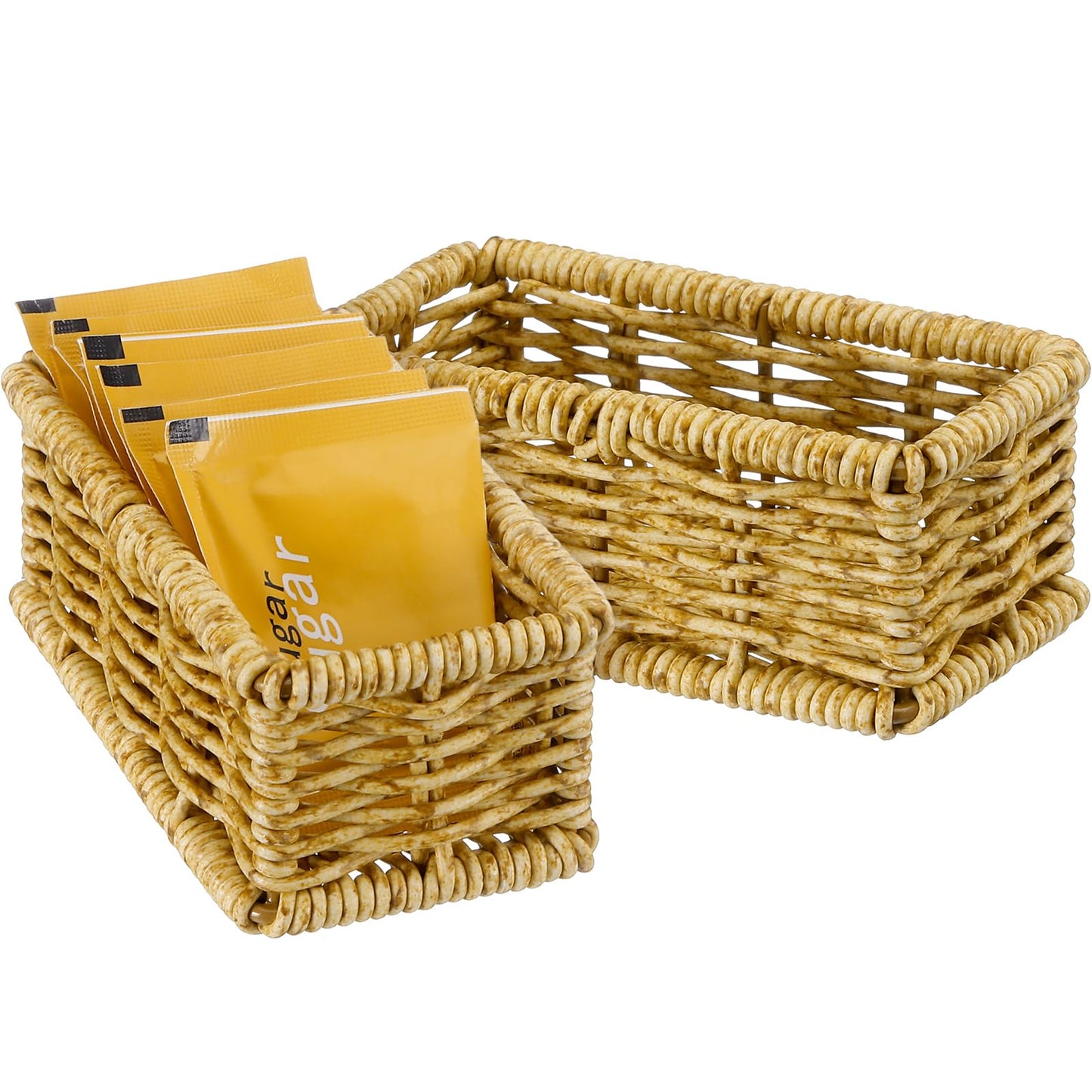 Weysat 2 Pcs Natural Rattan Sugar Packet Basket Rectangular Wicker Rattan Woven Baskets Small Sugar Packet Holder Caddy Bag Organizer for Coffee Bar Tea Kitchen Storage, 4.5" x 2.25" x 1.75"