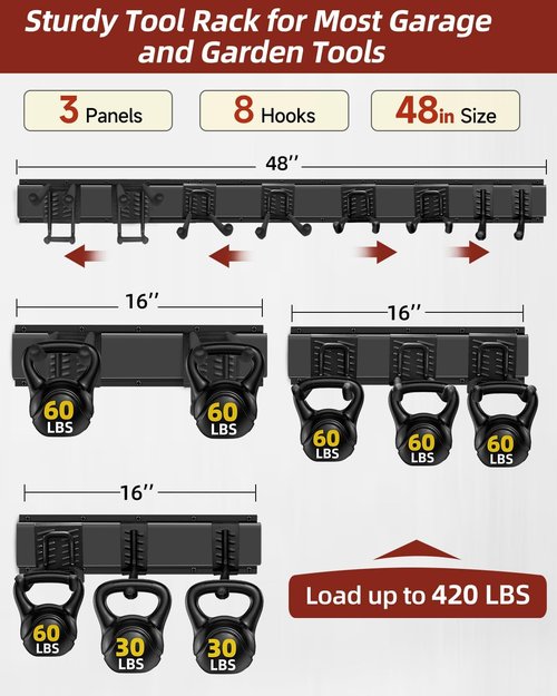 Garage Storage Tool Organizer by [Brand Name] - 48-Inch Heavy Duty Metal Rack with 8 Hooks for Garden Tools