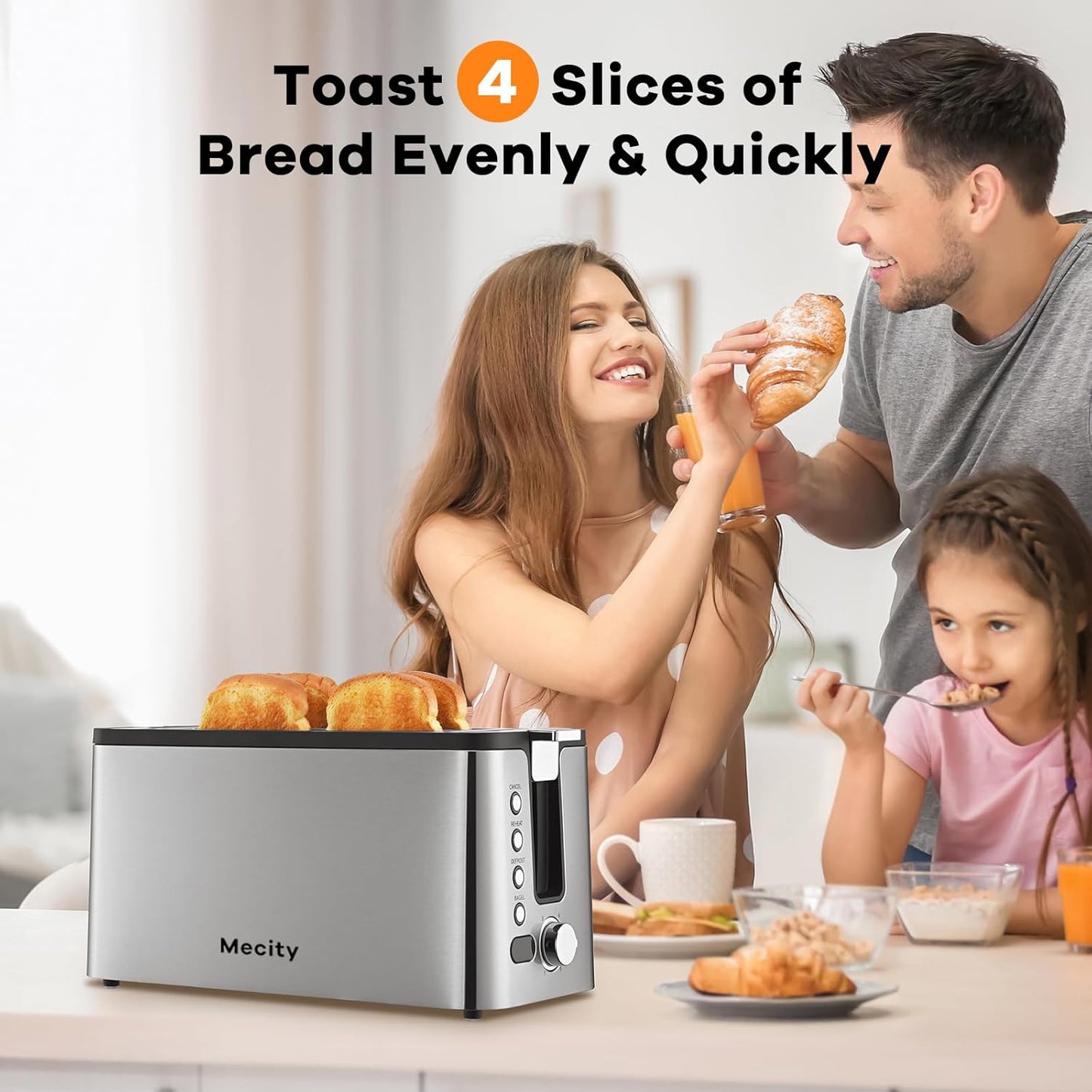 Mecity 4-Slice Toaster - Long Slot Design with Countdown Timer & 6 Browning Settings | Stainless Steel