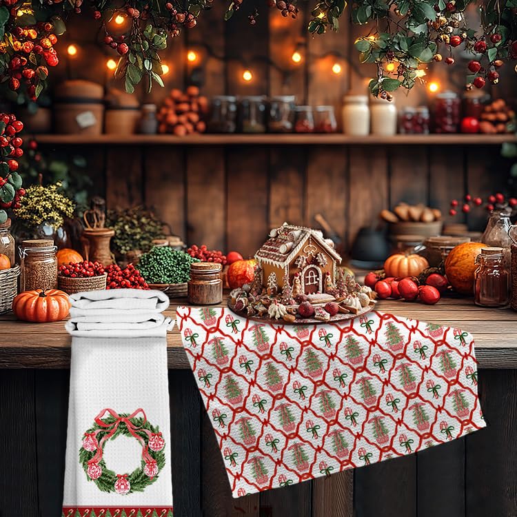 LUKIPOM Chinoiserie Red Xmas Kitchen Towels Set of 4 | 16x24 Inch, Coquette Bow Stripes