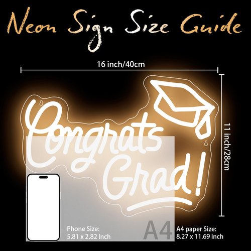 Congrats Grad Neon Sign with Graduation Cap, 16*11In Warm White Grad Light Up Led Sign for Class of 2026 Graduation Party Decorations Prom Celebration Gifts Kindergarten High School College Wall Decor