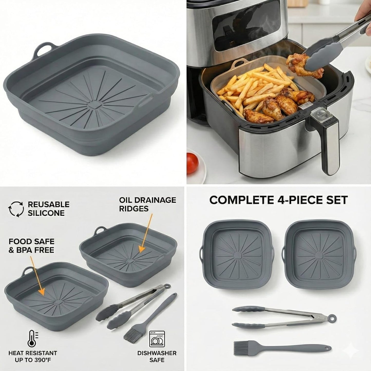 SAMIA 8 Inch Silicone Air Fryer Liners Set - 4 Reusable Non-Stick Liners with Basting Brush & Food Tong