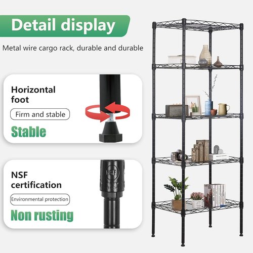 FDW Wire Shelving Unit - 5 Tier Adjustable Metal Storage Rack for Kitchen & Garage | 17L x 12W x 48H, Black