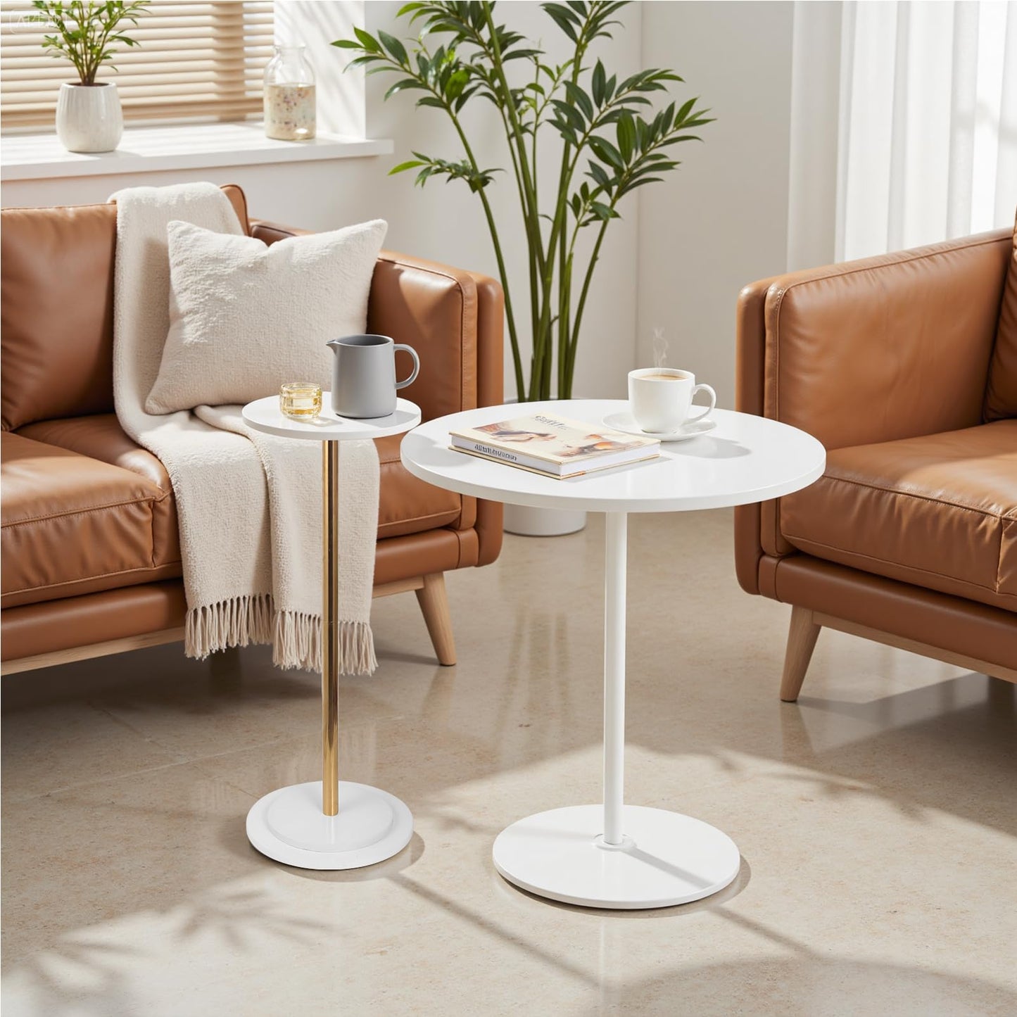 OIKASSU Premium Stone Round Drink Table,Heavy Duty Stone Base Top Pedestal,Cocktail Accent End Table for Living Room,Waterproof, Weighted Base Small Accent Side Table for Small Space Office,White