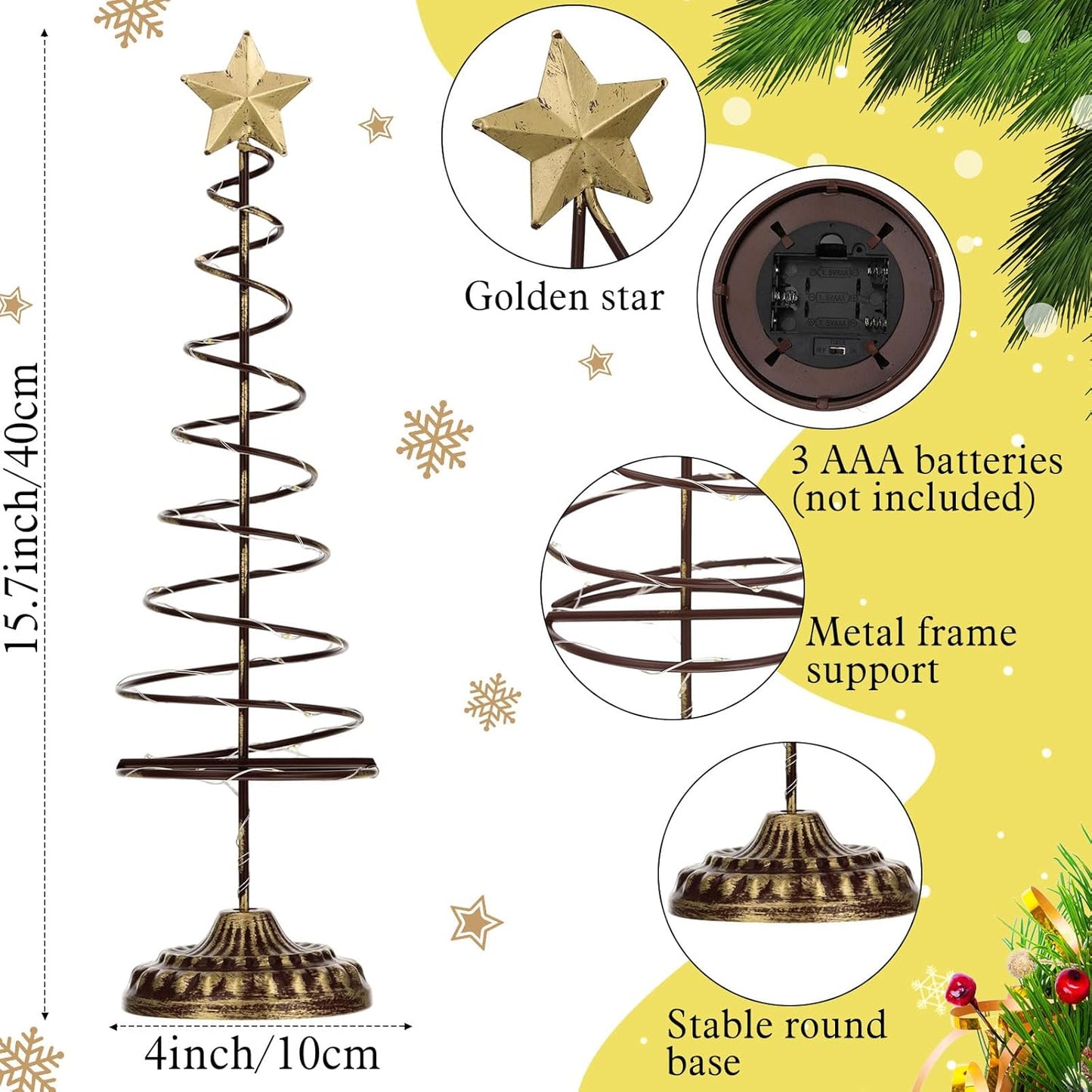 Skiennix Lighted Christmas Tree Table Decoration - Set of 2 Prelit Mini Trees with Golden Star | Battery Operated, Gold