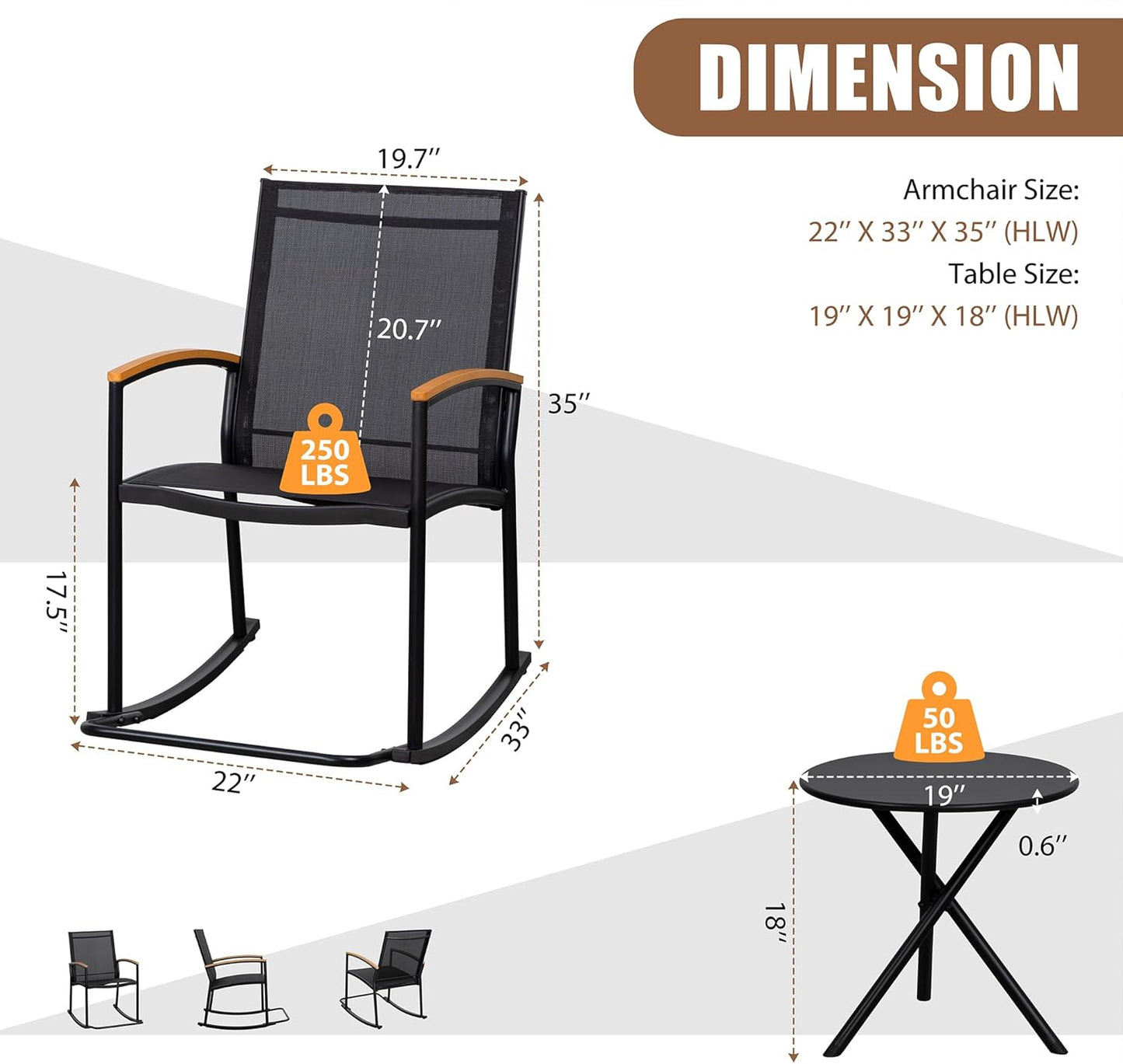 Shintenchi 3-Piece Outdoor Rocking Bistro Set - Textilene Fabric Patio Furniture for Lawn & Garden (Black)