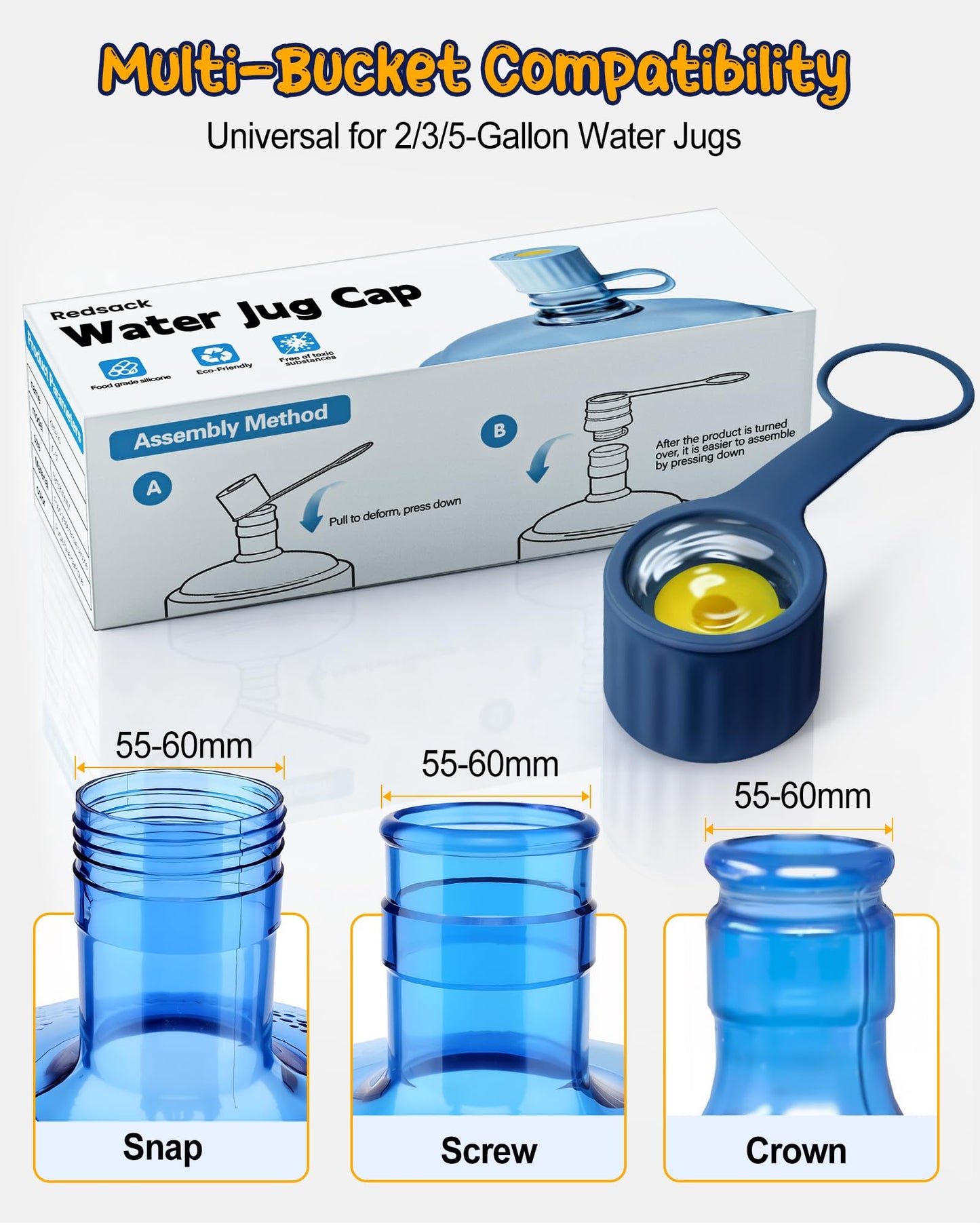 3-Packs Silicone 5 Gallon Water Jug Cap, 2/3/4/5Gal Reusable Bottle Lids, Leak-Proof Replacement Caps for 55mm & 60mm Bottle Standard/Screw/Crown Tops, Dishwasher Safe & BPA-Free (Dark Blue, 3 PACKS)