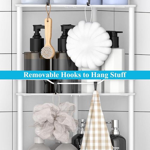 HuggieGems Corner Shower Caddy Organizer - 3 Tier Floor Stand with Hooks | White Bathroom Shelf