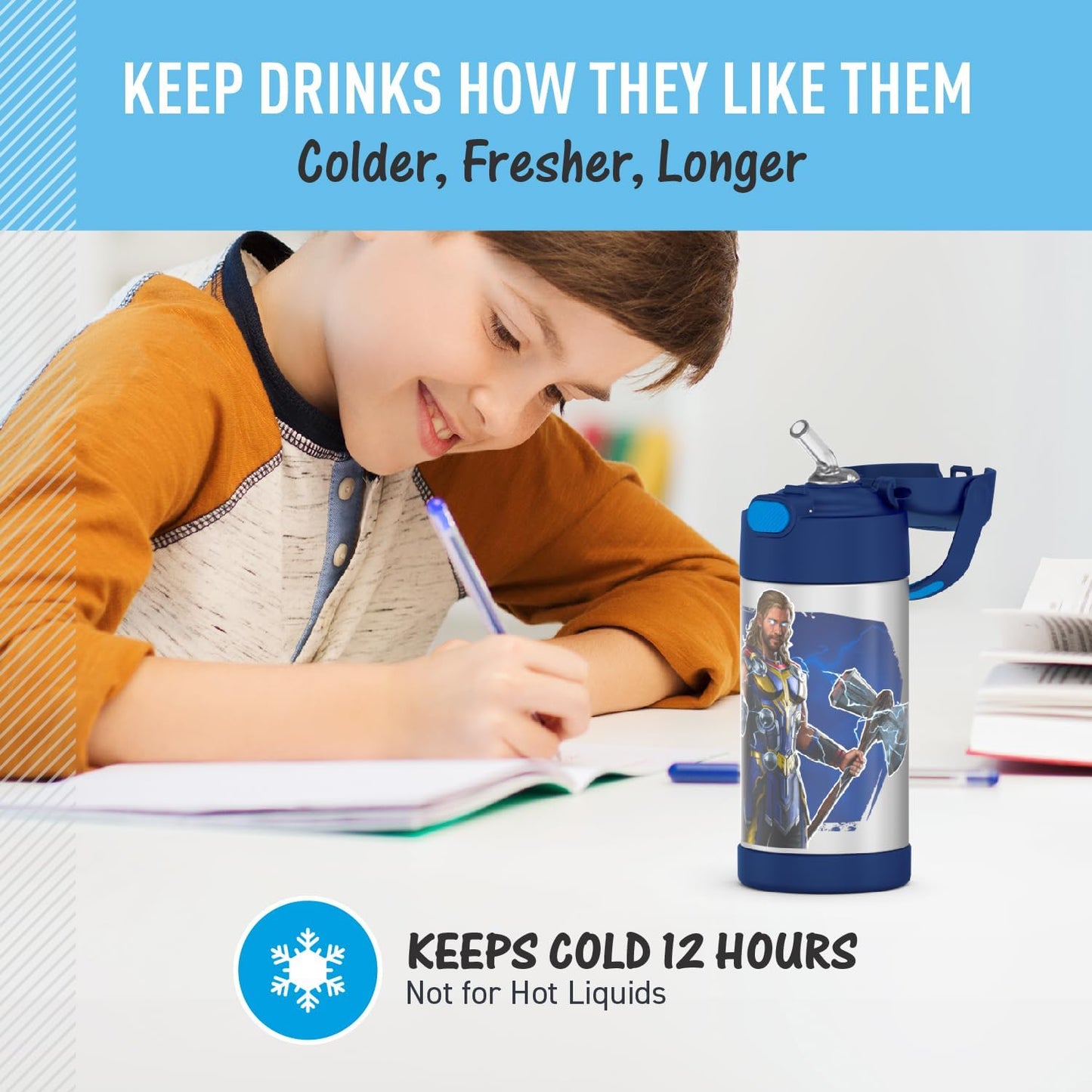 THERMOS FUNTAINER 12 Ounce Kids Straw Bottle - Stainless Steel Vacuum Insulated | Thor Design