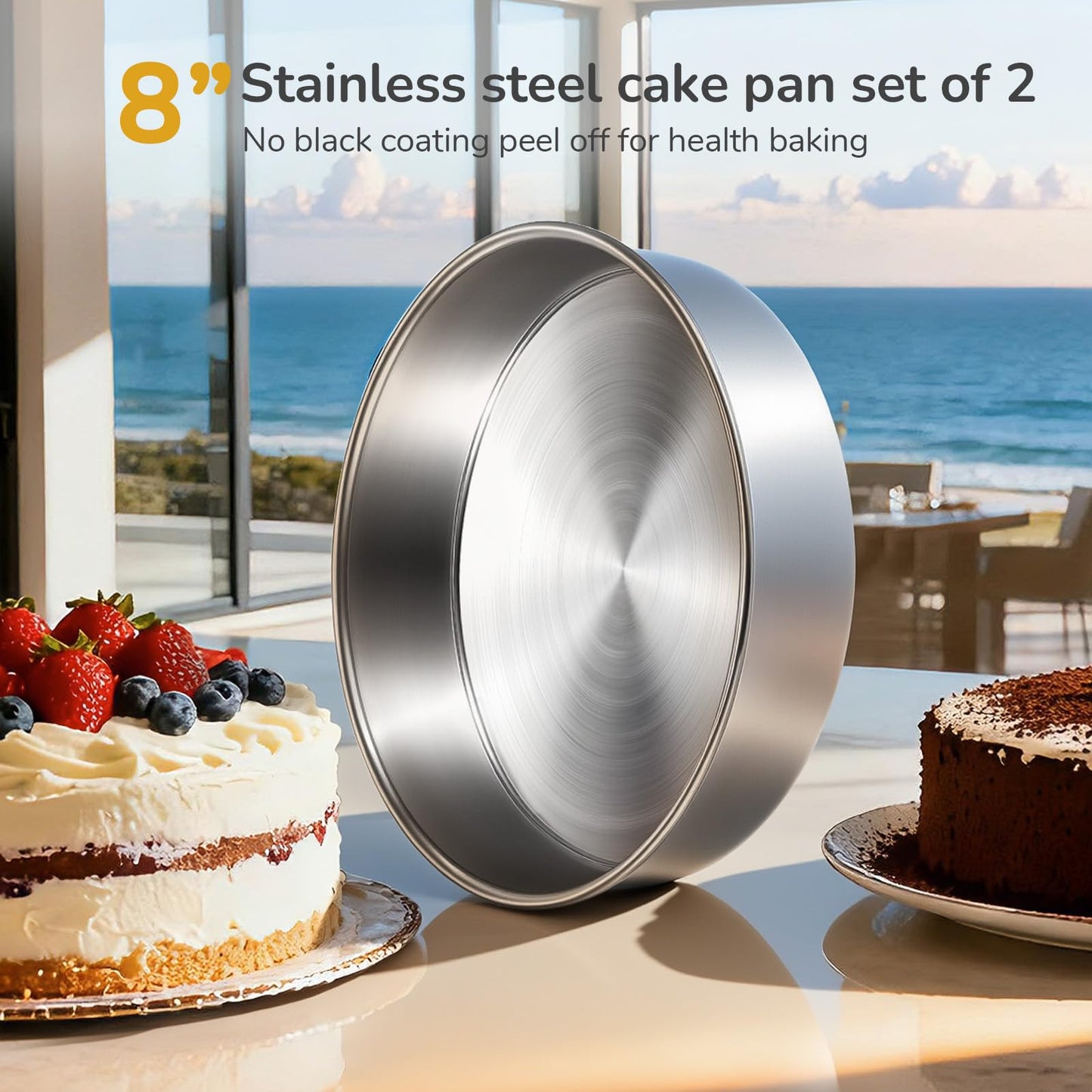 BAKEWAY 8 inch Cake Pans, Round Baking Layer Cake Pan Set of 2, Stainless Steel Mirror Finish & Dishwasher Safe for Birthday, Party, Wedding