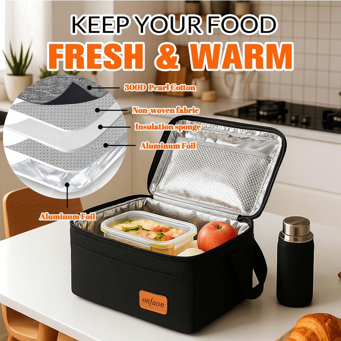 ONFAON Lunch Bag for Men/Women, Insulated Reusable Lunch Box Leakproof Cooler Tote Bag Freezable with Adjustable Shoulder Strap for Office Work Picnic Beach(Black)