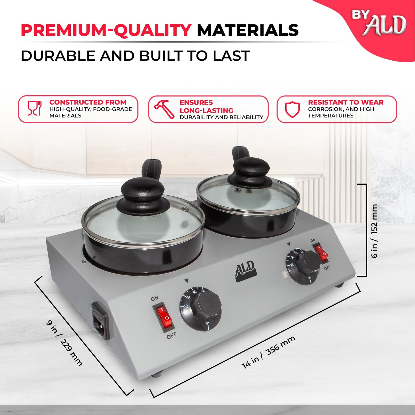 ALDKitchen Professional Chocolate Melting Pot – Dual 1.2L Stainless Steel Tanks, Manual Temperature Control, 110V, Ideal for Candy Making, Baking, and Dessert Decoration (4.5 lb (2.4 kg))