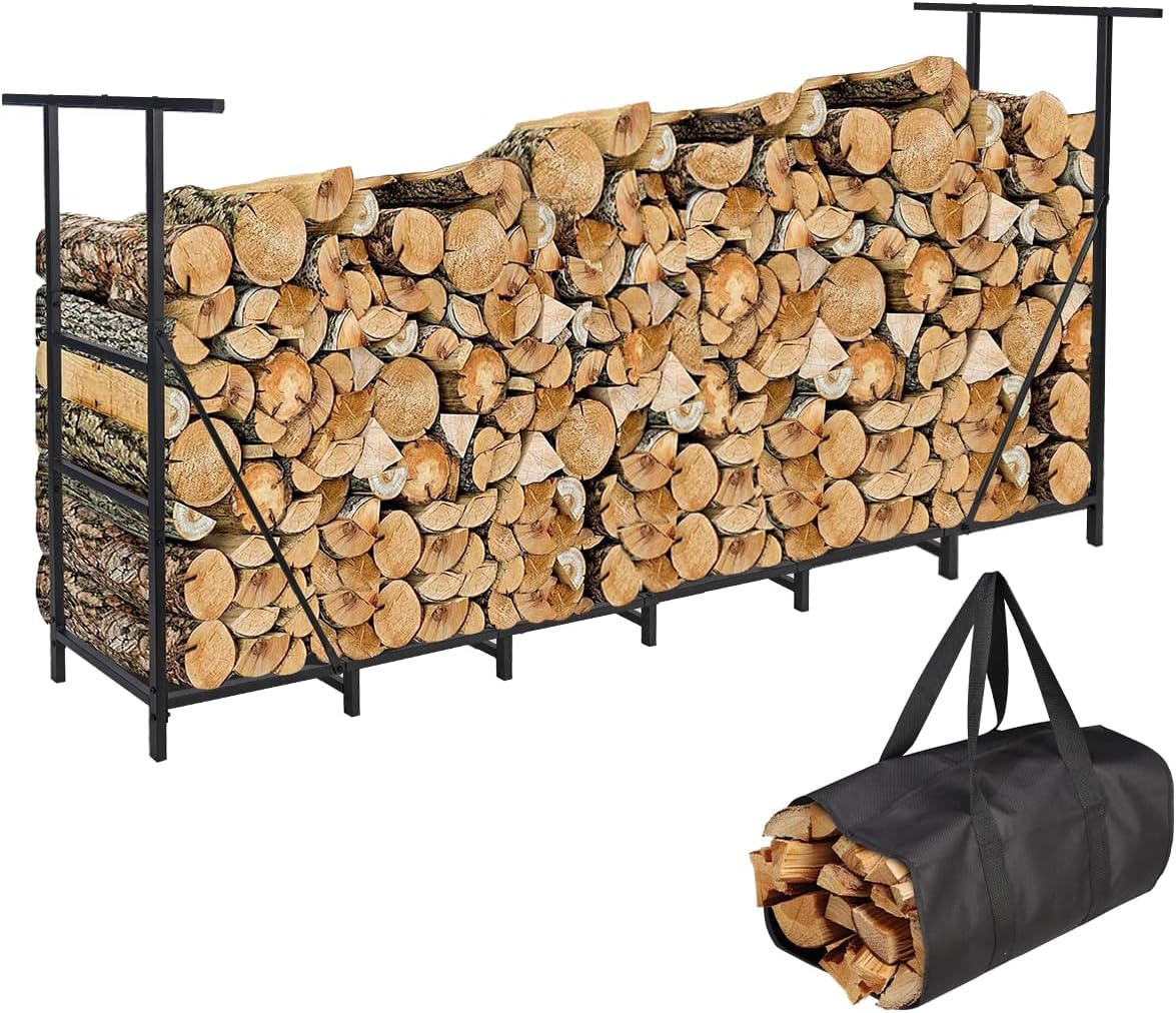 Vailge 8FT Firewood Rack - Heavy Duty Steel Holder with Waterproof Carrier Bag for Outdoor Use