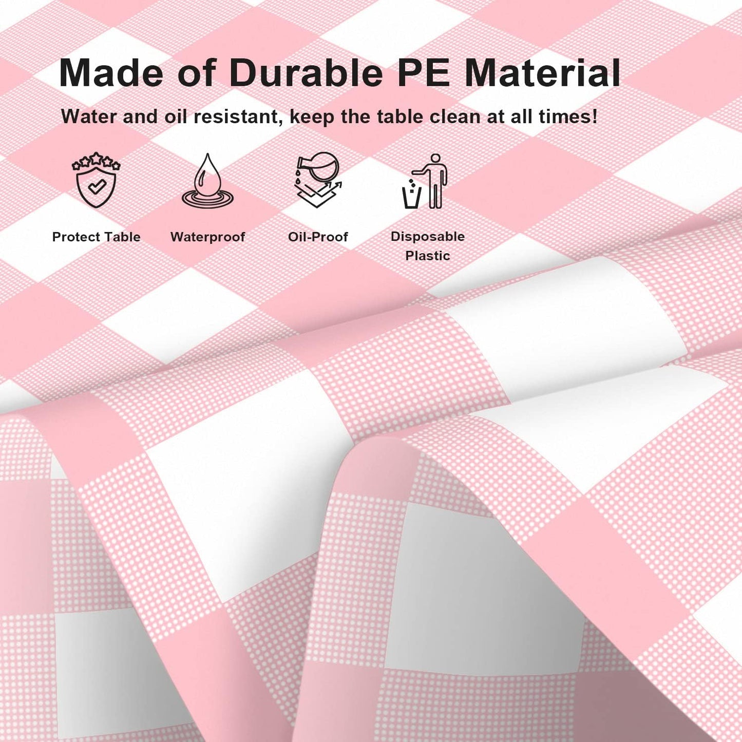 LIKAJON 2 Pack Pink and White Checkered Tablecloth, Pink Plastic Table Cloths for Parties Disposable, 54x108 in Waterproof Rectangular Pink Gingham Camping Tablecloth for Birthday, Party, Baby Shower