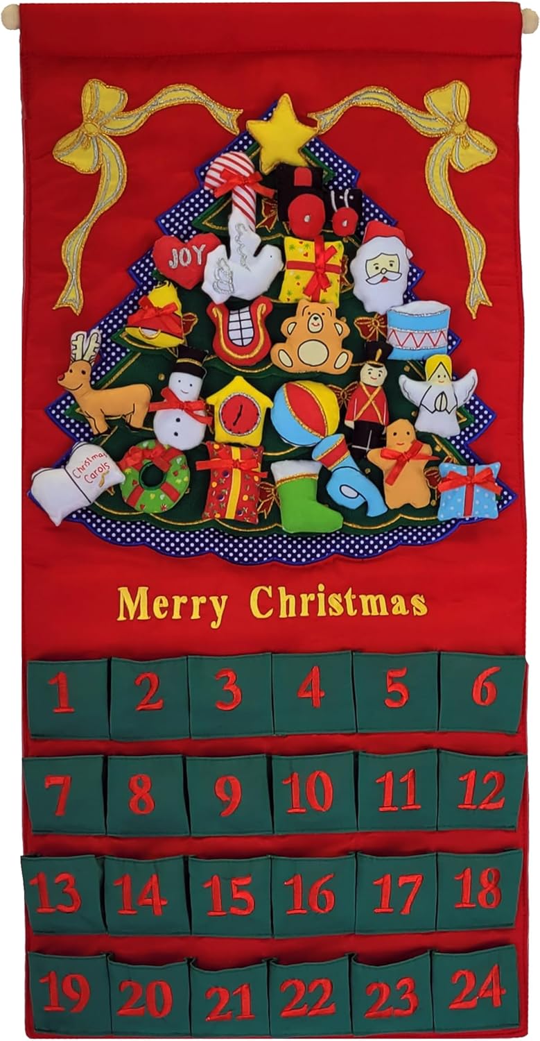 Pockets of Learning Merry Christmas Green Tree Advent Calendar - Festive Fabric Wall Hanging with 24 Stuffed Ornaments