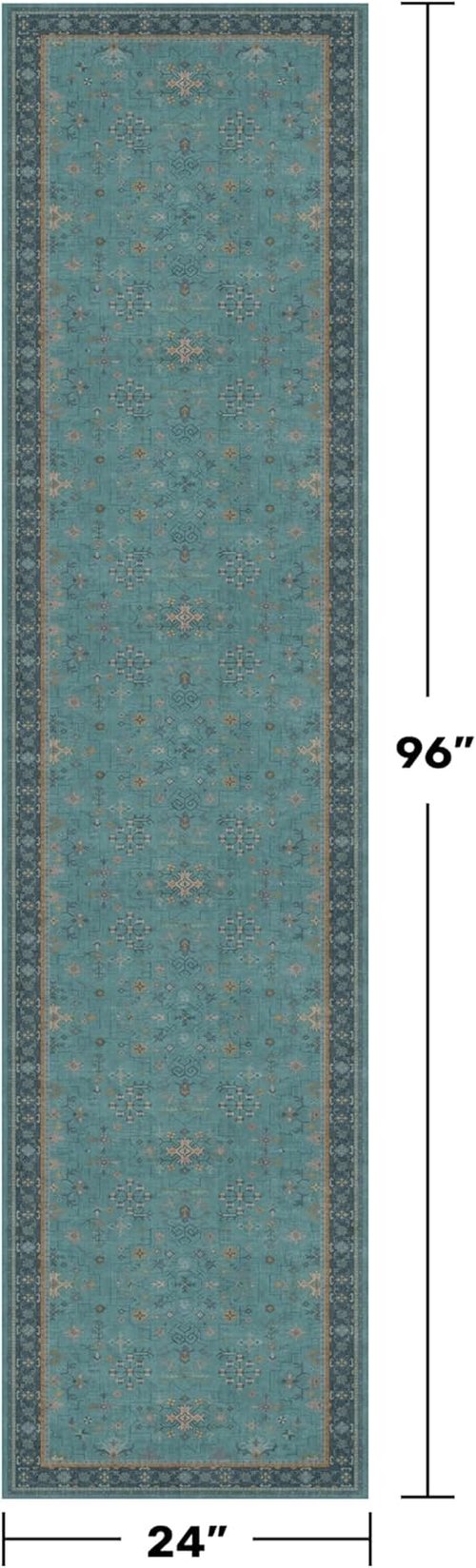Boho 2x8 Non-Slip Kitchen Runner Rug - Machine Washable Vintage Carpet in Floral Aqua Blue