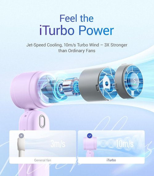 Diveblues Mini Portable Turbo Fan - 12H Max Cooling, 4000mAh Battery, 3-in-1 Handheld/Neck/Desktop Fan
