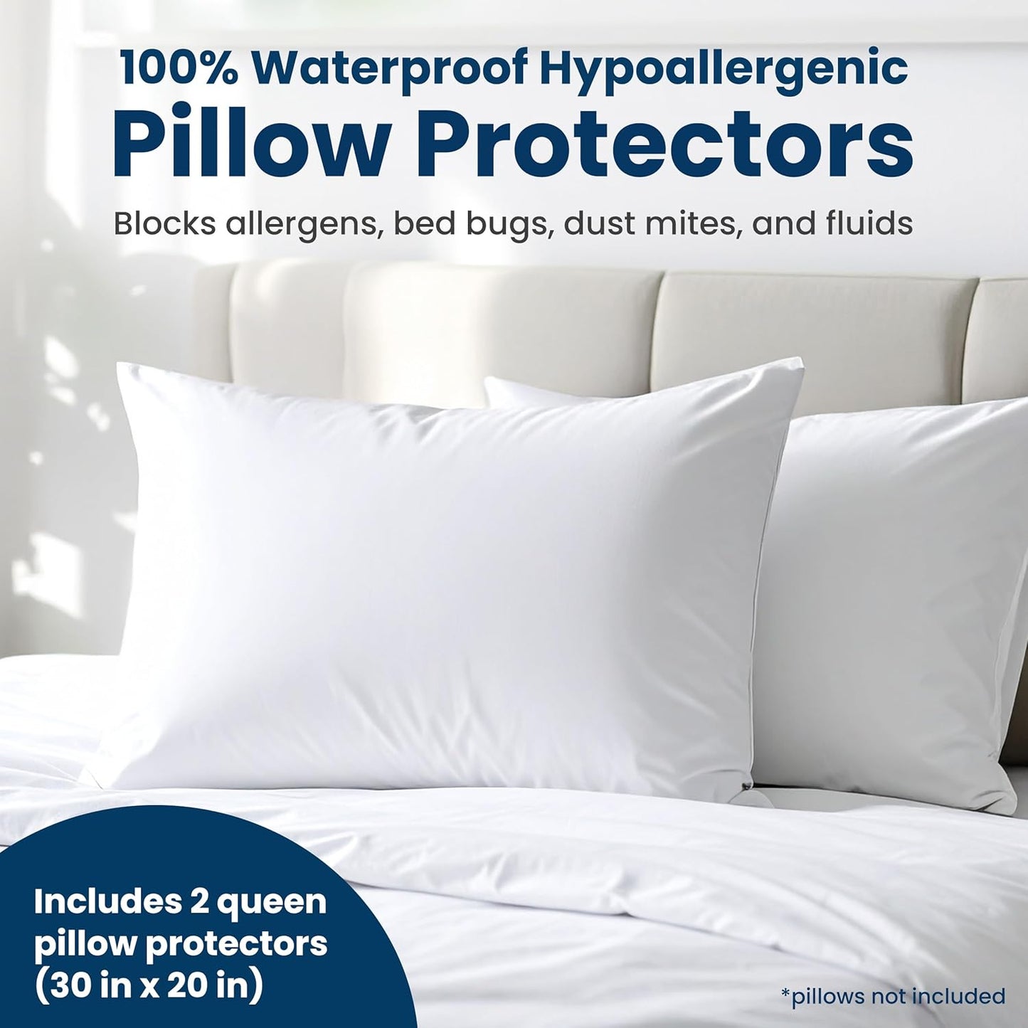 Queen Size Pillow Protectors by [Brand Name] - 100% Stain Resistant & Waterproof, Set of 2 | Bed Bug & Dust Mite Proof, White, 20 x 30 Inches
