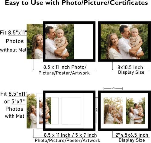 JCJMY Double Collage Picture Frame - Display 2 Photos (5x7) or 1 Picture (8.5x11) | Lightweight Black Frame for Wall or Tabletop