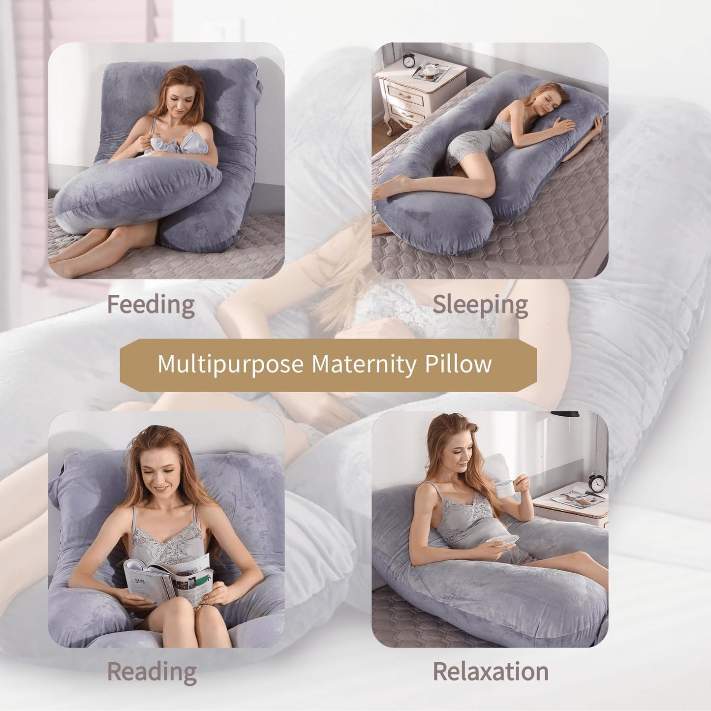 Skiennix 60 Inch U-Shaped Pregnancy Pillow - Cooling Full Body Maternity Support with Washable Velvet Cover | Grey