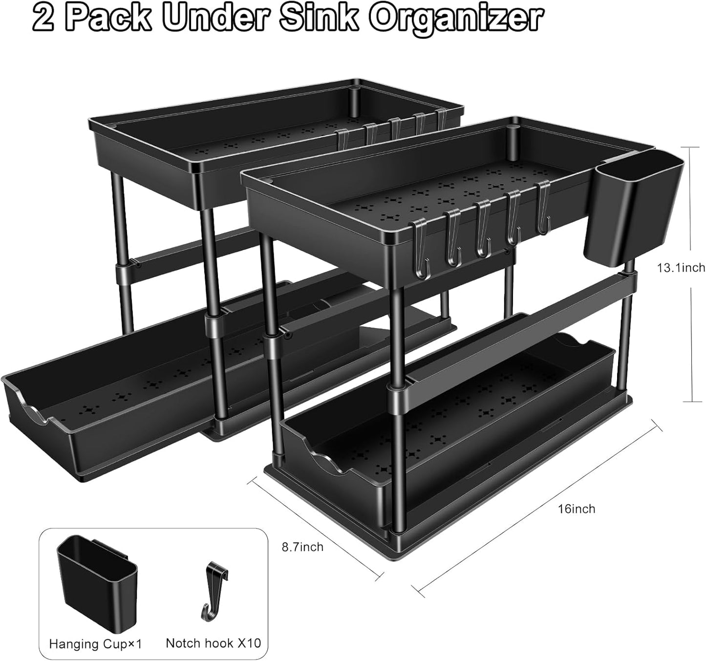 JPart Under Sink Organizer - 2-Tier Kitchen & Bathroom Storage with Sliding Drawers | Durable Design, 2 Pack