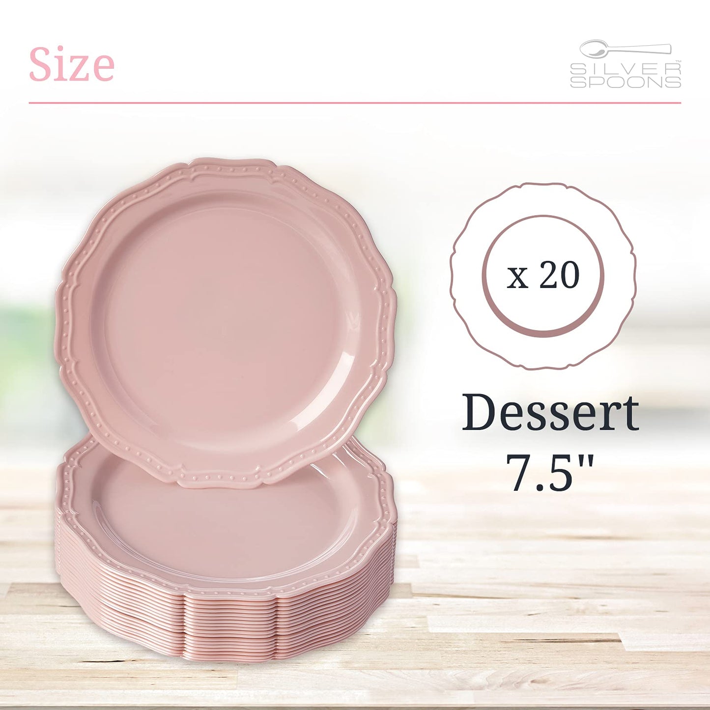 CountrySide Vintage Embossed Blush Plastic Dessert Plates for Party (20 PC) Heavy Duty Disposable Dinner Set 7.5", Fine China Look Dishes and Perfect Disposable Plates for Baby Showers, Weddings etc