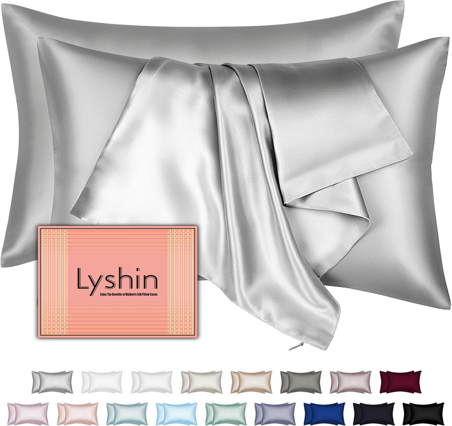 Silk Pillowcases 2 Pack by Mulberry Silk - Queen Size with Hidden Zipper | Soft, Breathable Cooling Set in Light Grey