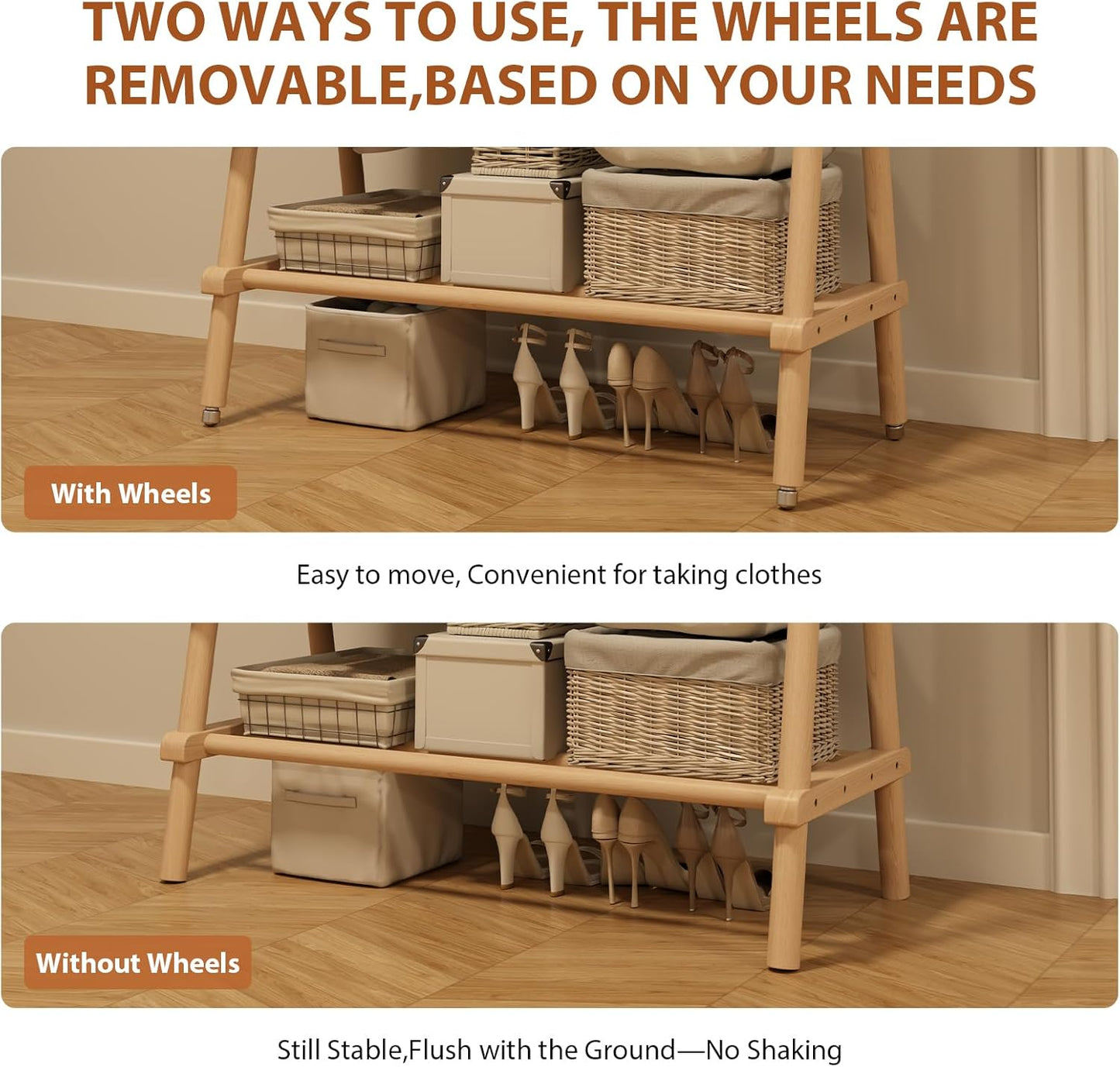 Muwuele Solid Wood Clothing Rack - Rolling Garment Rack with Shelves | Portable Closet Organizer (Natural)