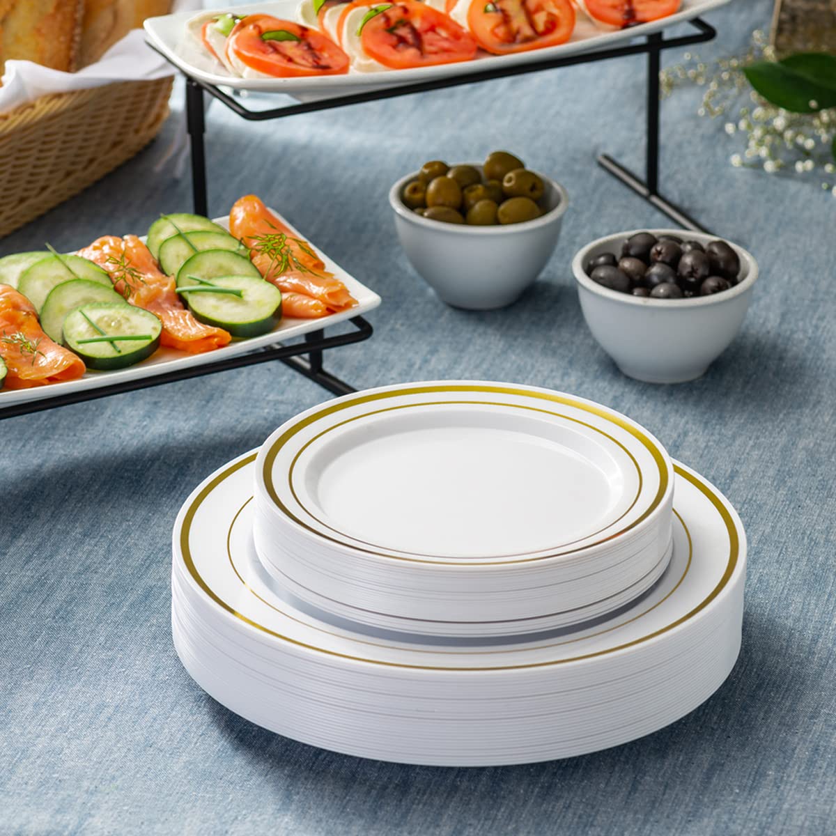 SETUP 60-Piece Gold Trim Plastic Dinnerware Set – 30 10.25" Dinner & 30 7.5" Salad Plates – Heavy-Duty Disposable for Weddings, Catering, Parties